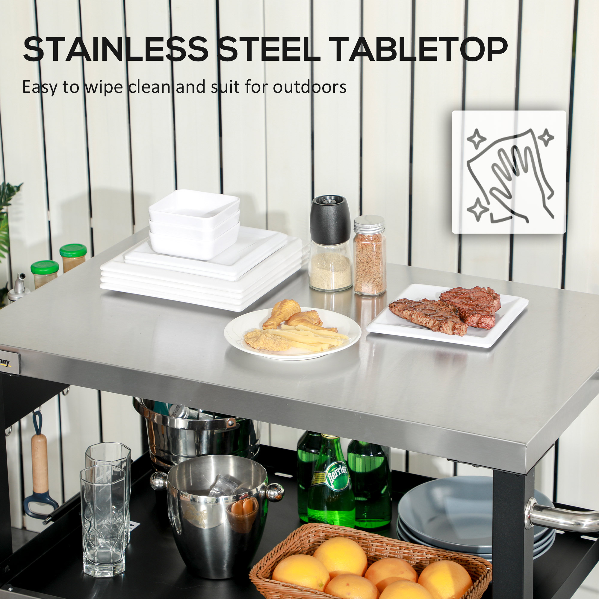3-Shelf Outdoor Grill Cart Table with Side Handle, Stainless Steel Pizza Oven Stand on Wheels, Black - Image 2