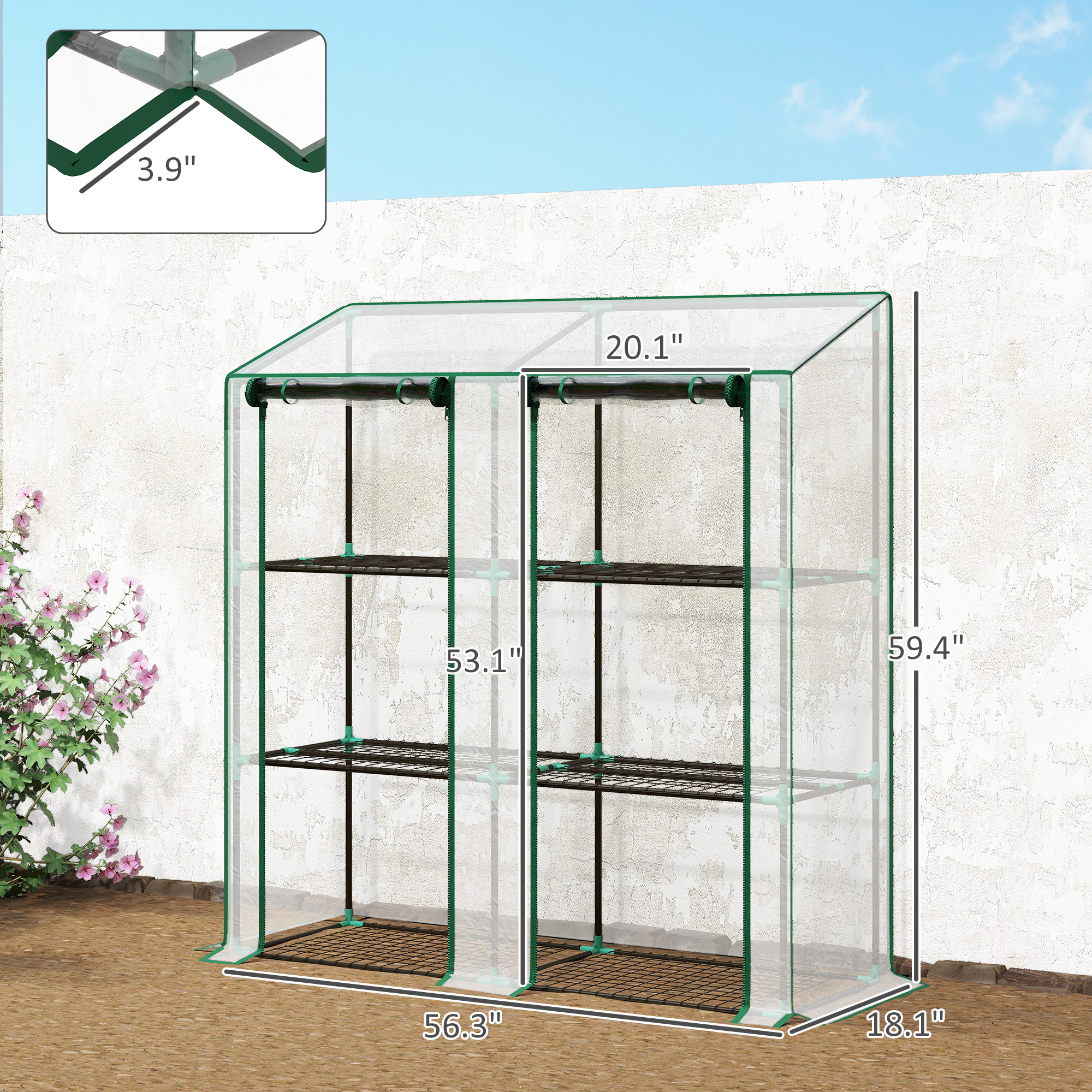 Lean-to Greenhouse, Portable Greenhouse with 3 Tier Shelves, 2 Roll-Up Zippered Doors, 56.3" x 18.1" x… image 2