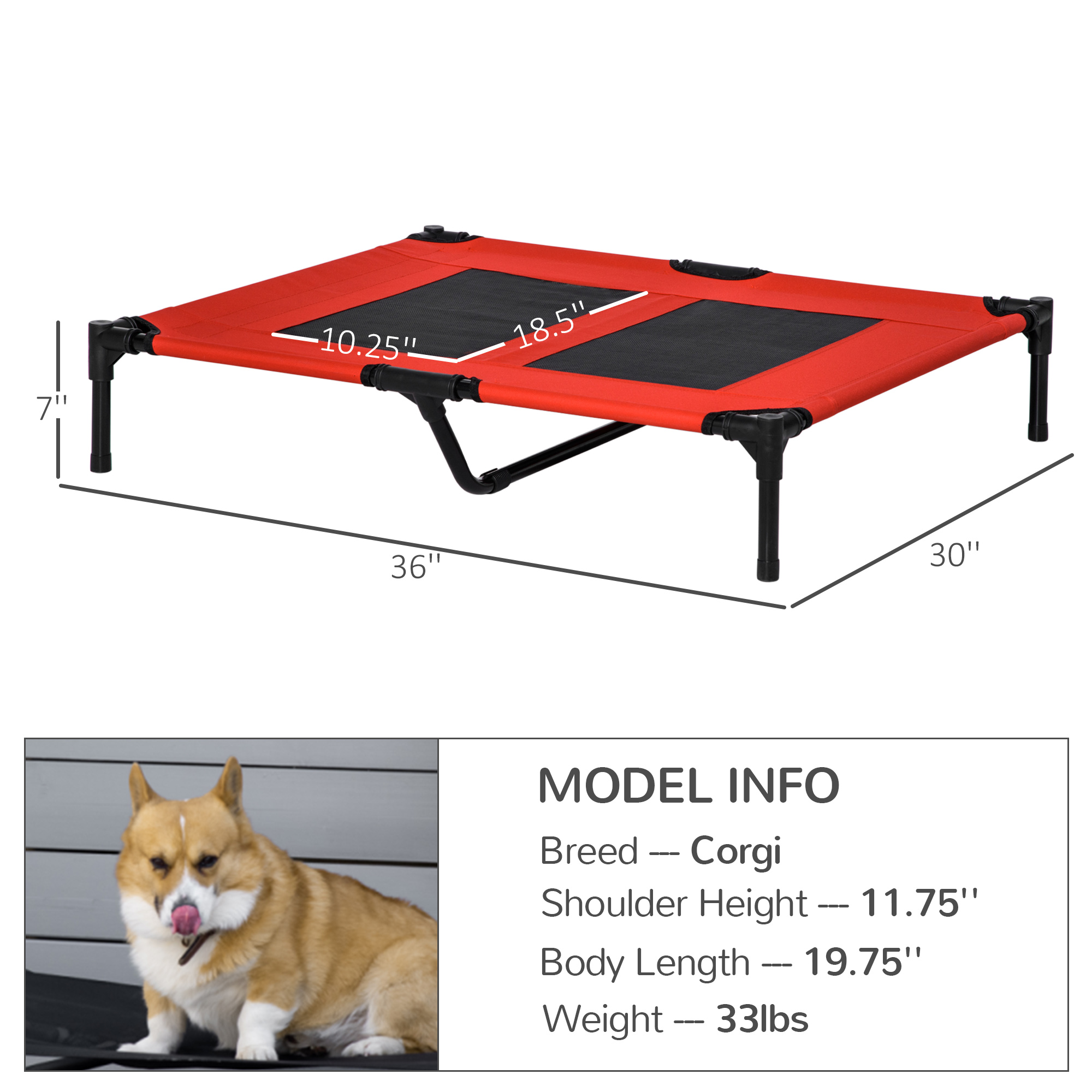  36" x 30" Elevated Cooling Summer Dog Cot Pet Bed With Mesh Ventilation - Red