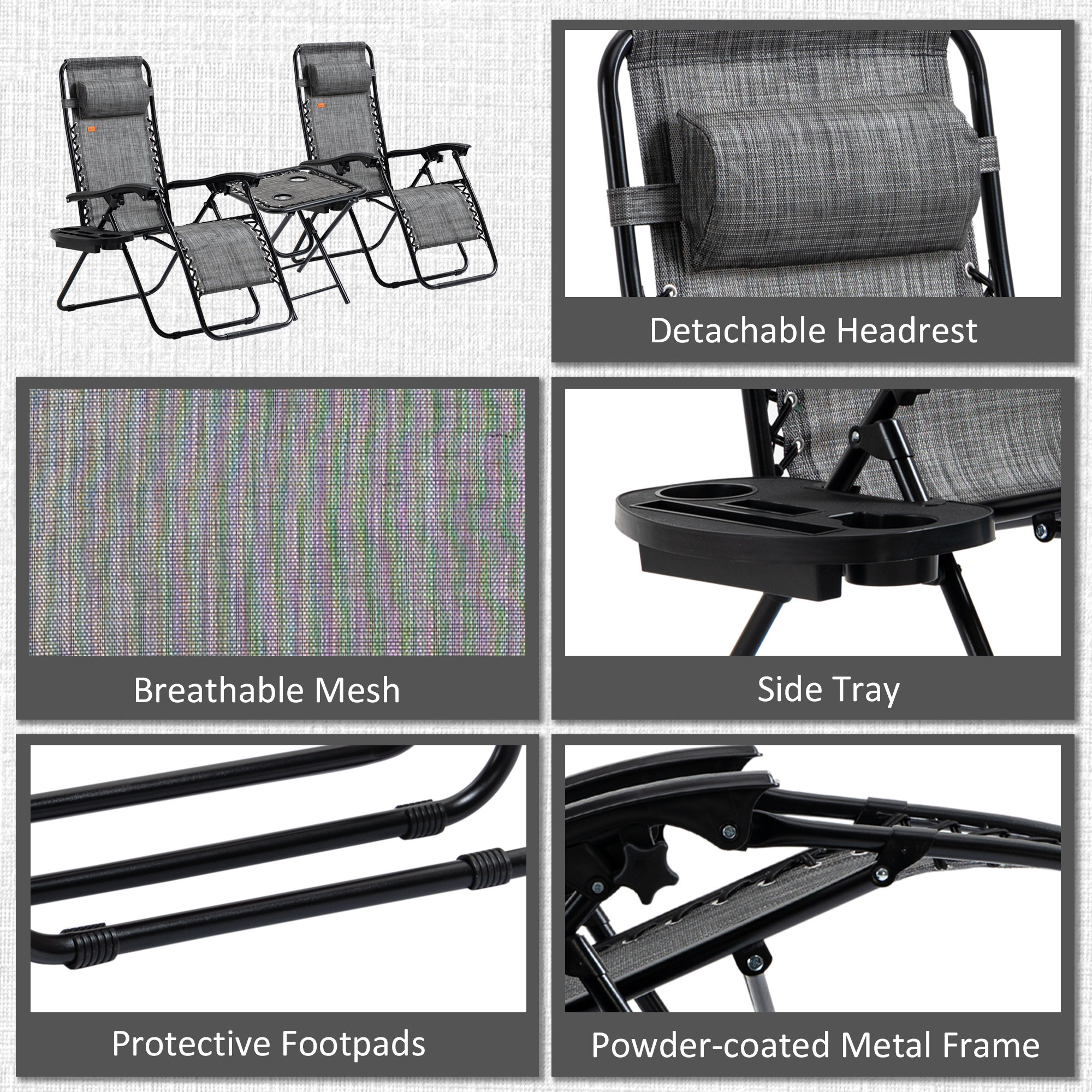  Zero Gravity Chair Set with Side Table, Folding Reclining Chair with Cupholders & Pillows, Adjustable Lounge Chairs for Pool, Backyard, Lawn, Beach, Gray
