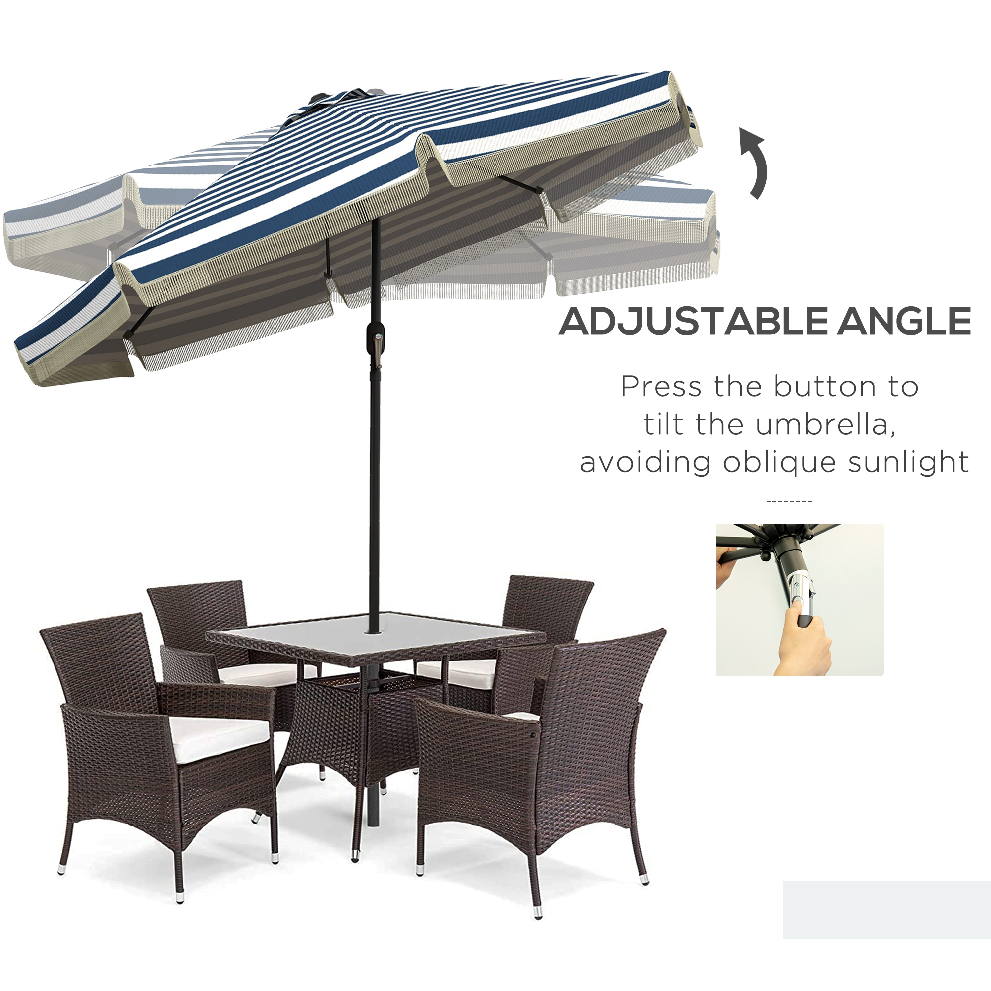 9ft Patio Umbrella Outdoor Table Umbrella w/ Tilt, Crank, Ruffled, 8 Ribs for Garden, Deck, Pool, Blue Stripe - Image 3