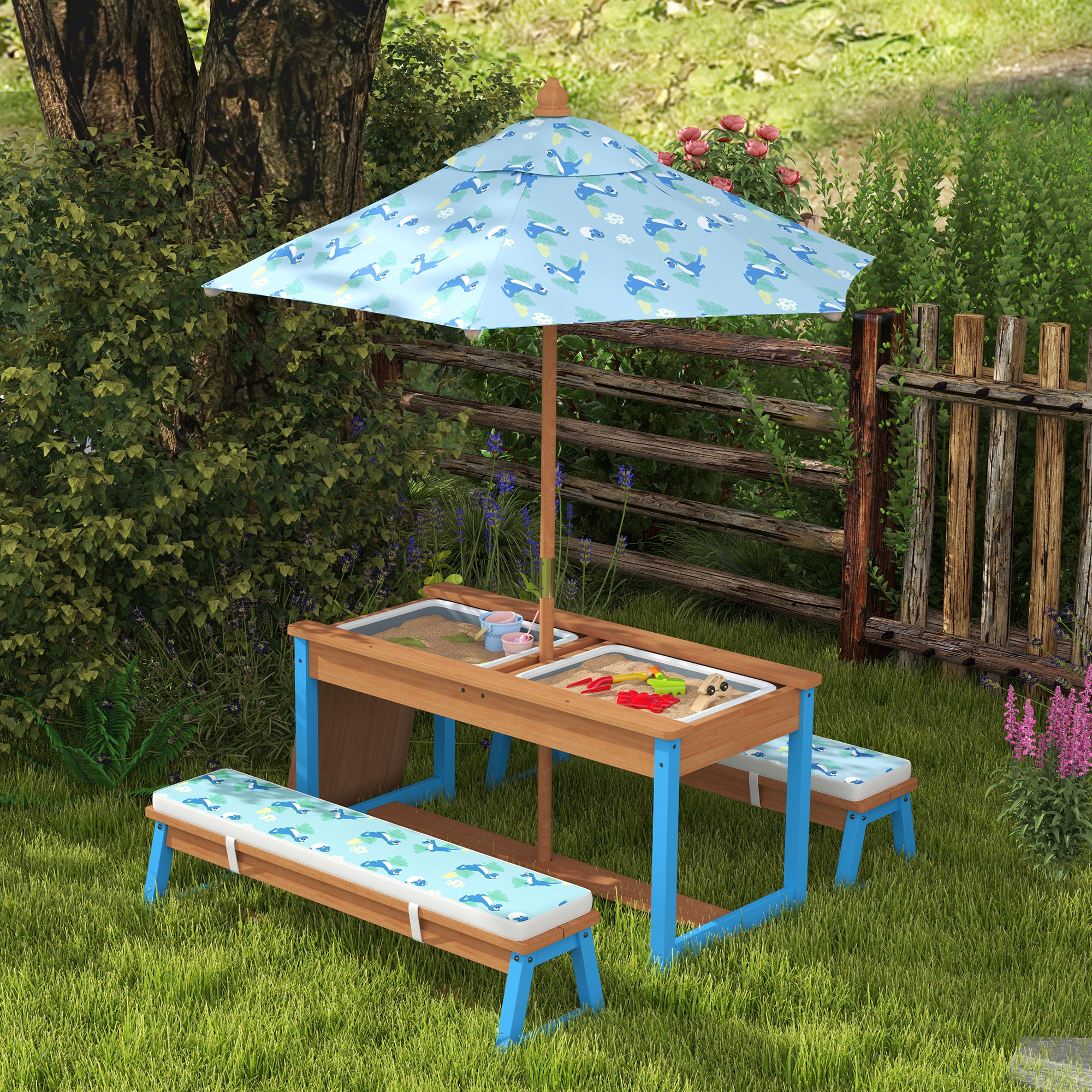 Kids Picnic Table Set with Foldable Umbrella, Removable Cushions & Boxes, Dinosaur Theme, Blue