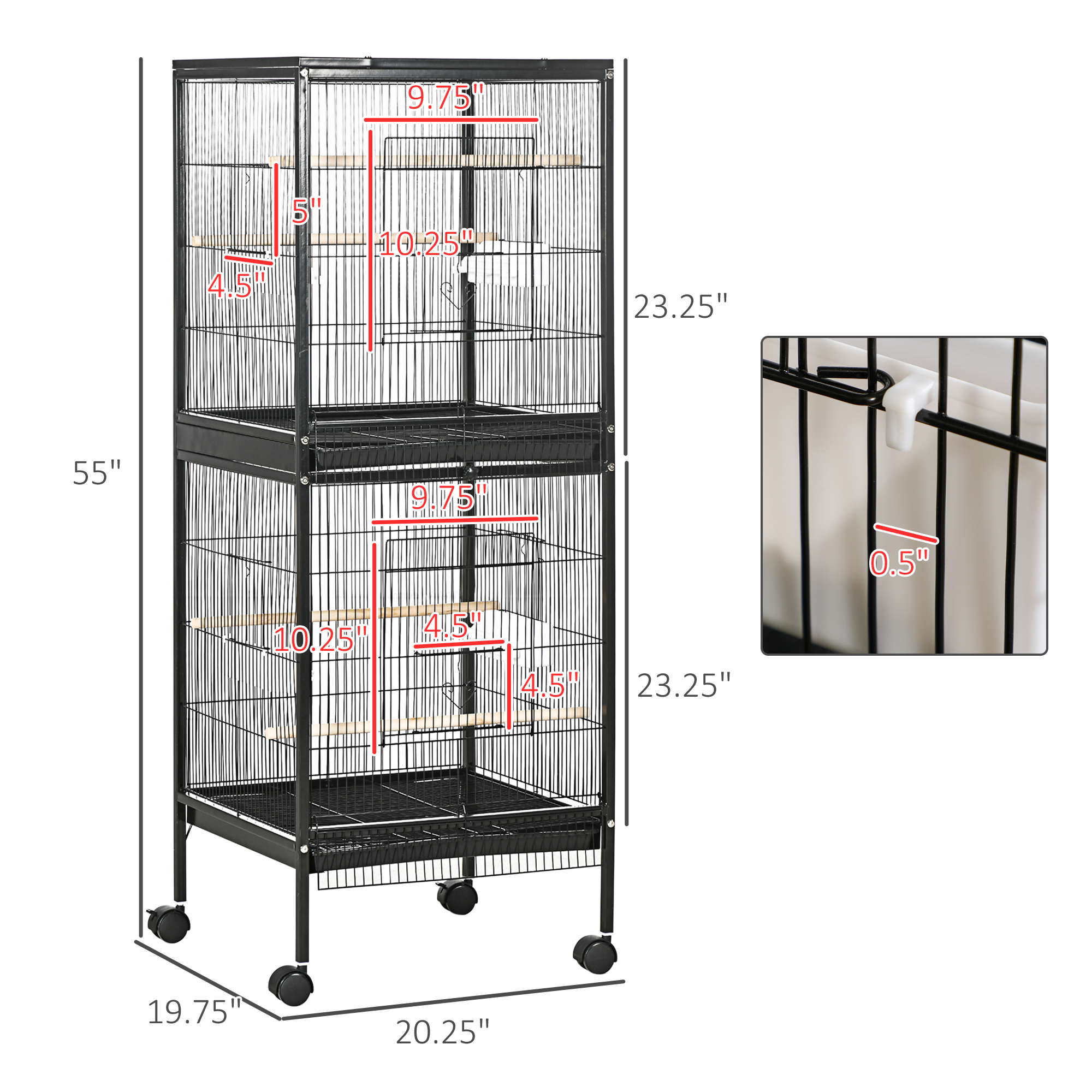  55" 2 In 1 Bird Cage Aviary Parakeet House for finches, budgies with Wheels, Black