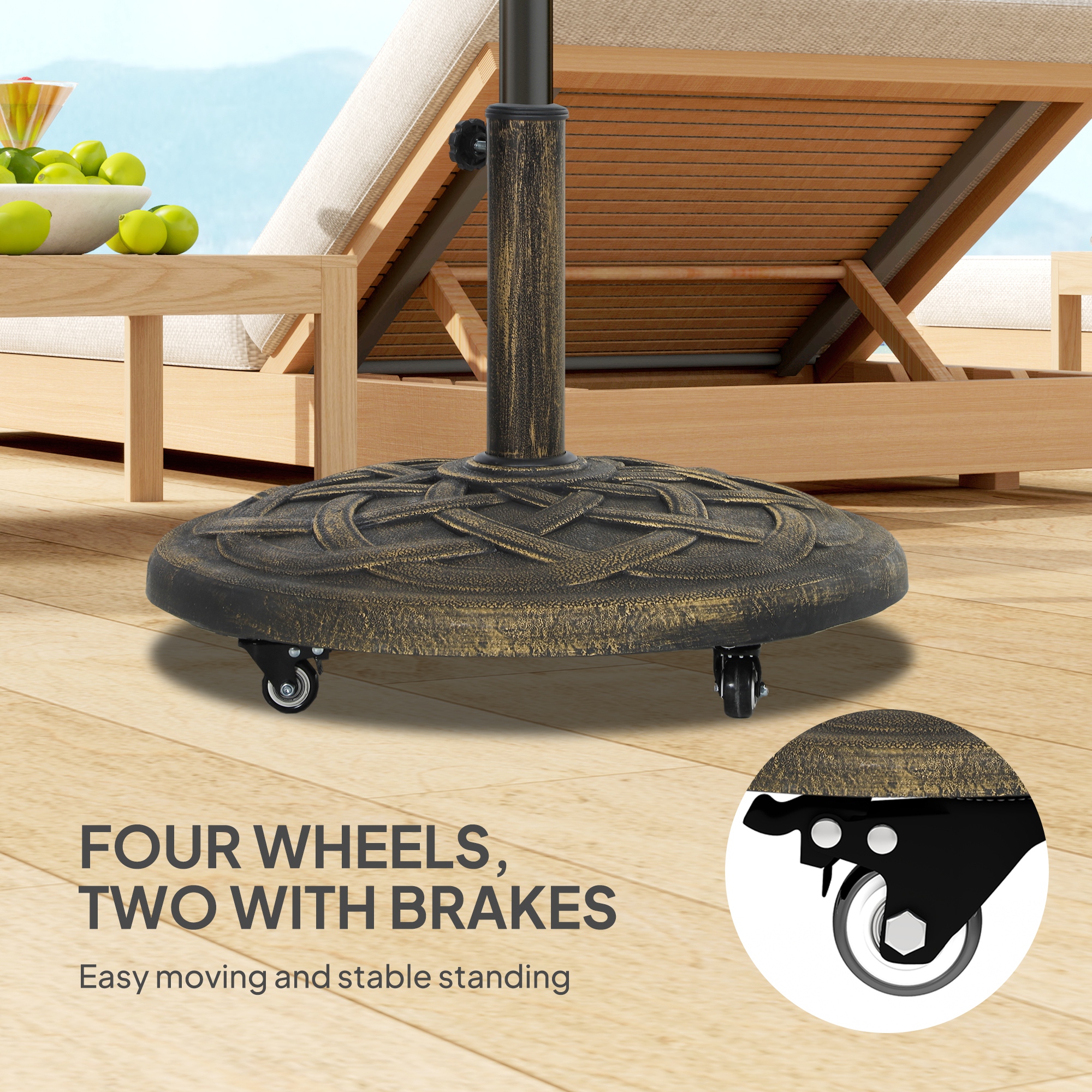 Round Patio Umbrella Base with Wheels, 44 lbs Resin Umbrella Stand Base, Heavy Duty Patio Umbrella Holder for 1.3″/1.5″/1.9″ Umbrella Poles for Outdoor, Lawn, Poolside, Bronze
