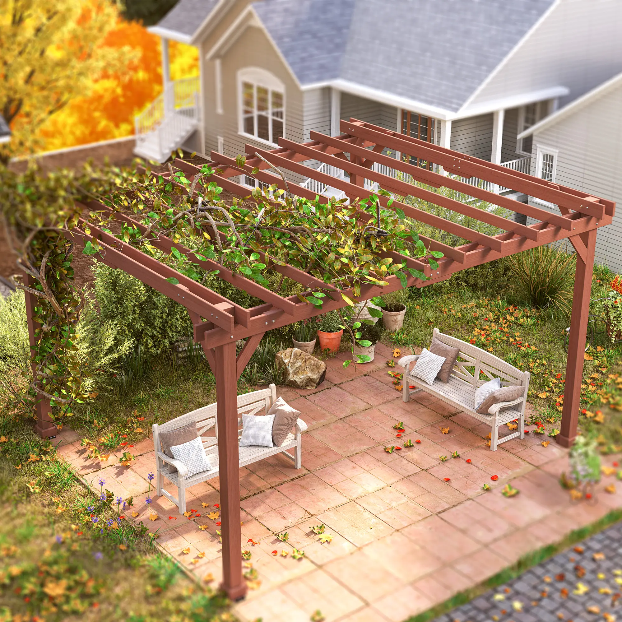 11 x 12.5 Outdoor Wood Pergola with Grape Trellis for Patio, Deck, Backyard, Lawn