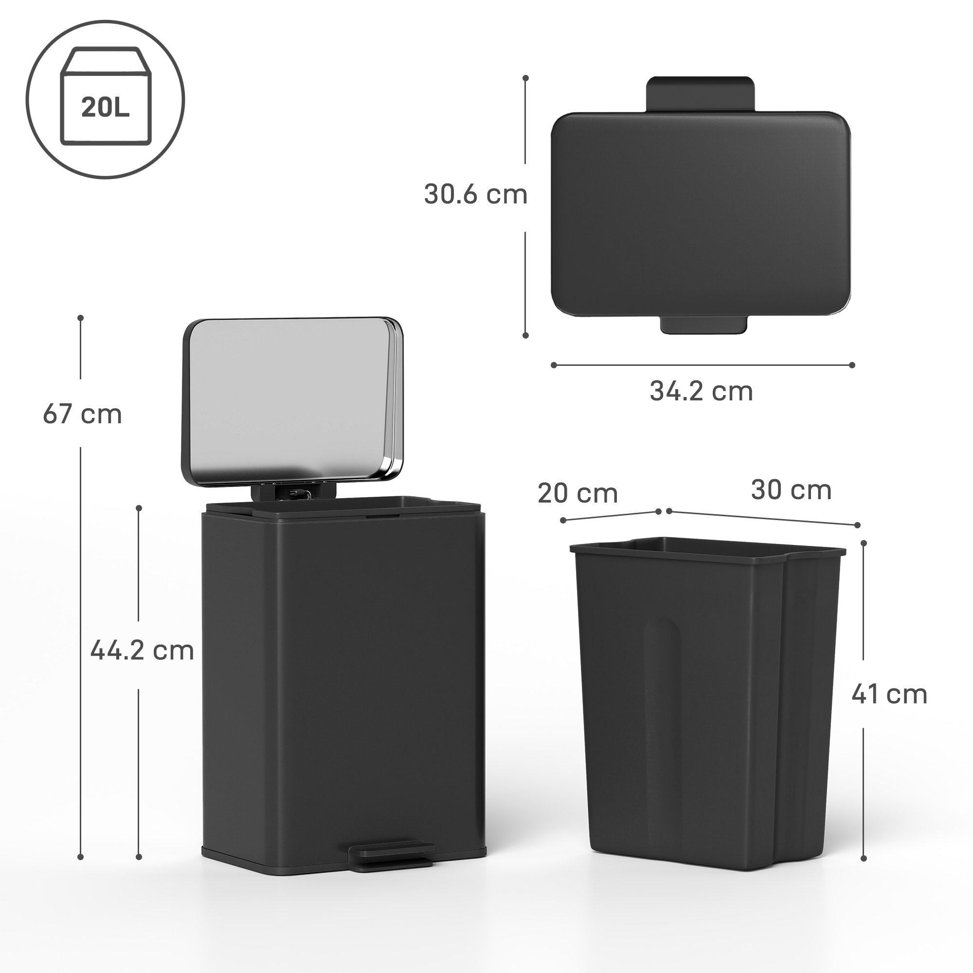 20L Kitchen Bin With Soft-Close Lid And Stay-Open Function, Stainless Steel — image 2