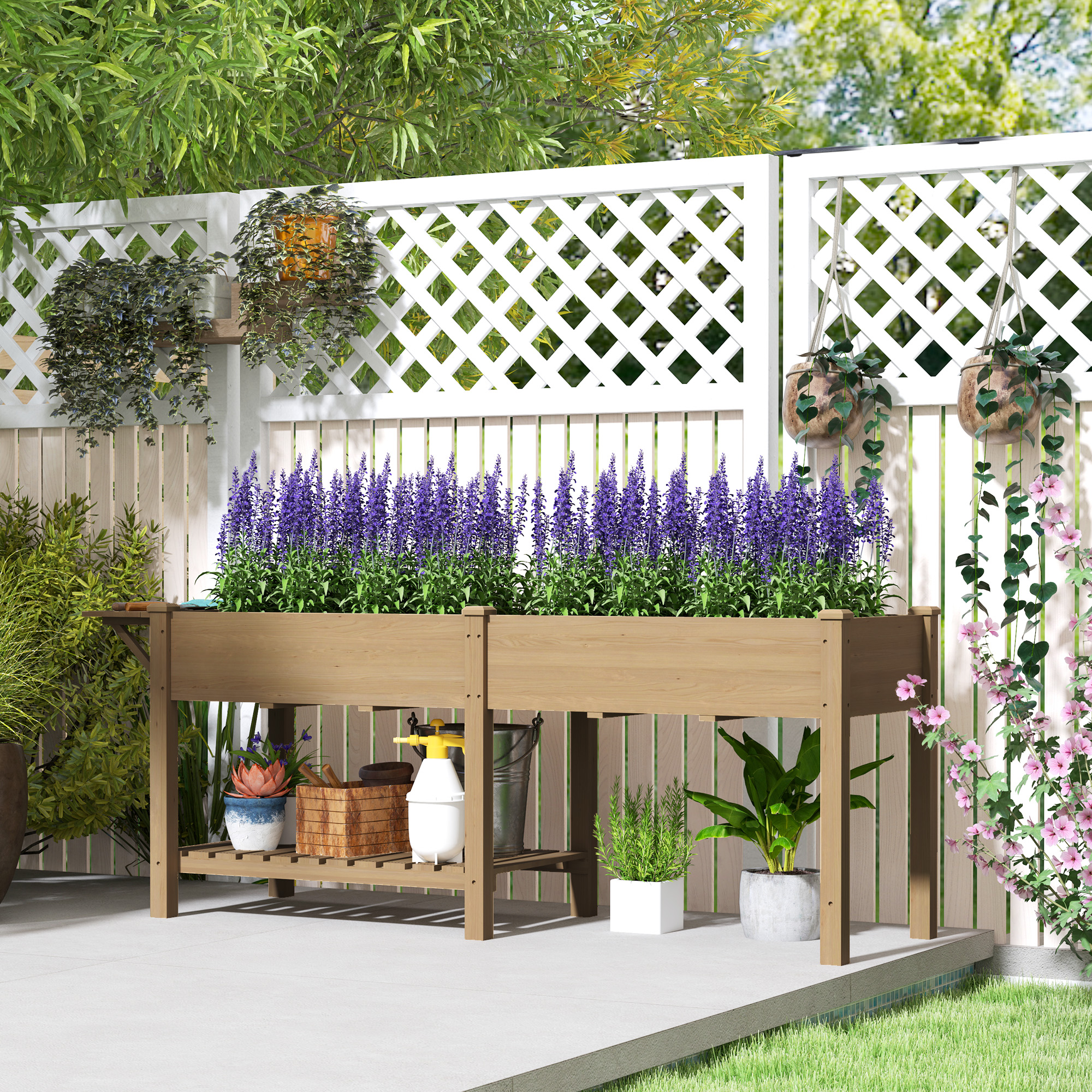 Wood Raised Garden Box, Elevated Garden Bed with Side Table, Bottom Shelf, Bed Liners and Drainage Holes, Carbonized