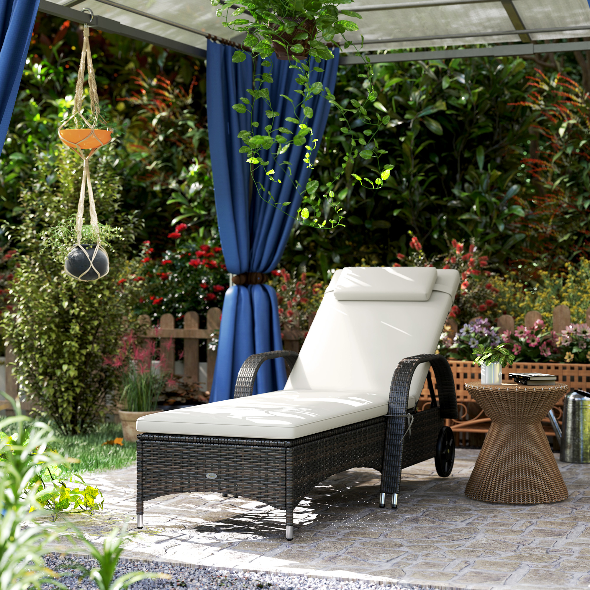 Outdoor Chaise Lounge, 5-Level Adjustable Backrest Rattan Pool Lounge Chair with Wheels, Cushion & Headrest, Cream - Image 6