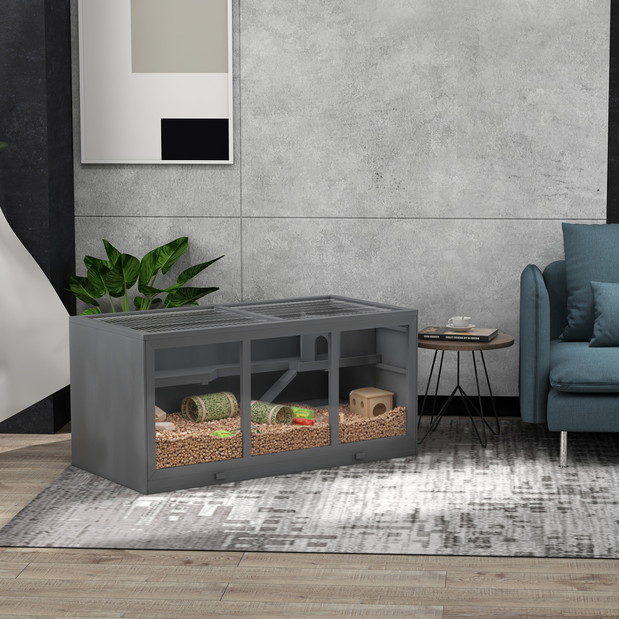  Extra Large Wooden Hamster Cage with Opening Roof, Hut, Ramps, Gray