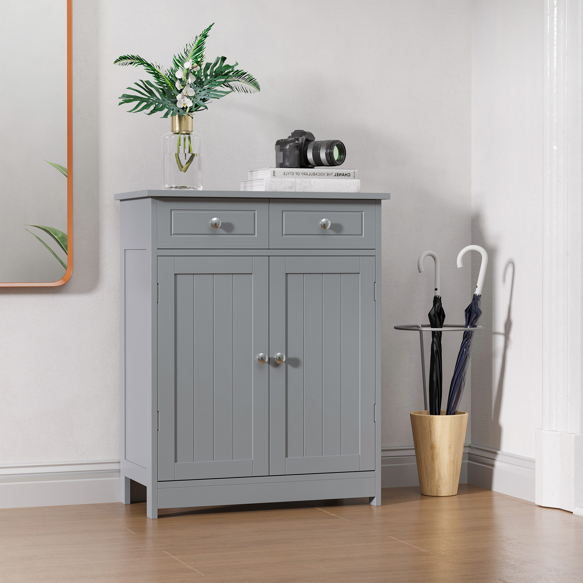  Freestanding Bathroom Floor Cabinet, Wooden Bathroom Cabinet with 2 Doors, 2 Drawers and Adjustable Shelf, Gray
