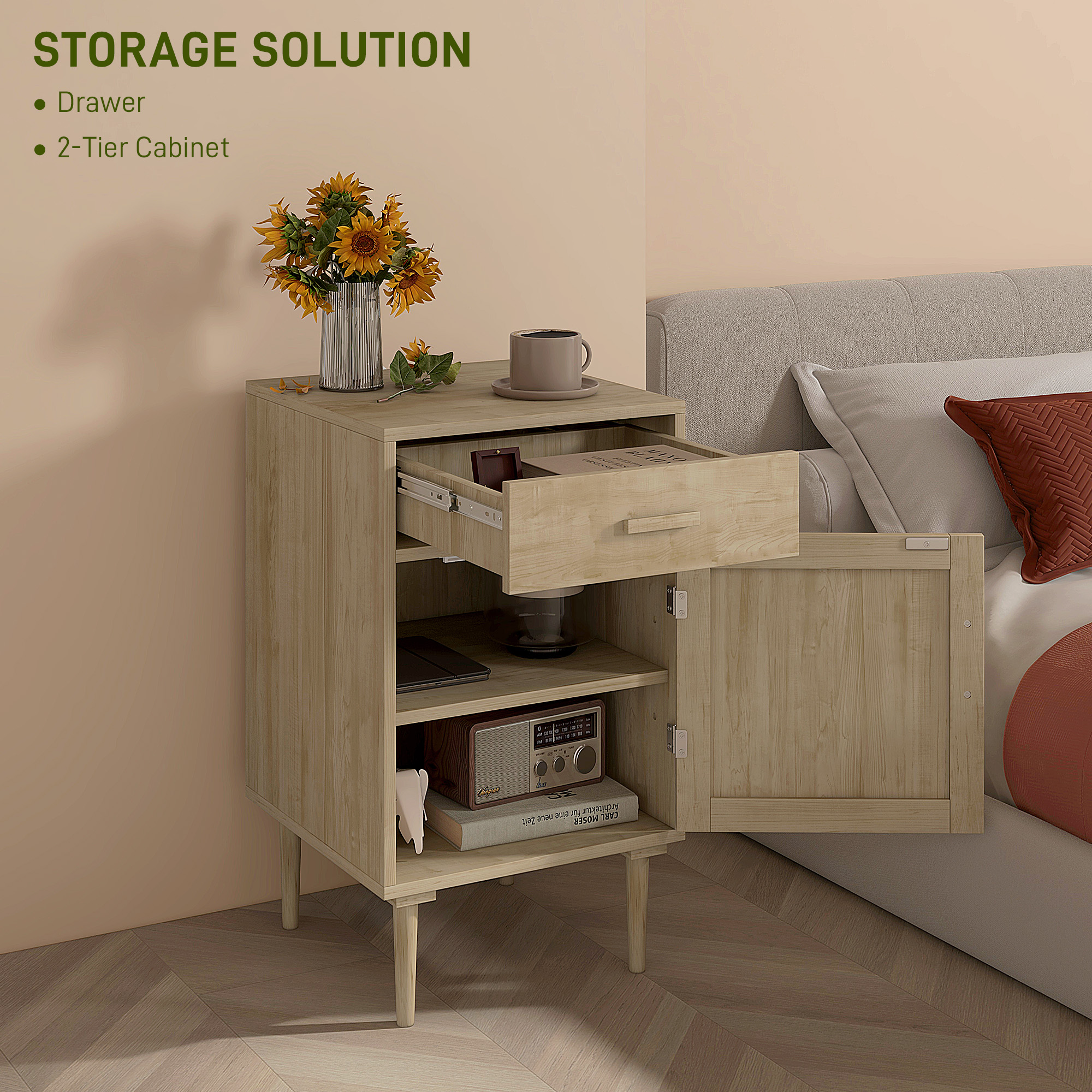 Bedside Table, Rattan Side Tables With Drawer, Cabinet And Adjustable Shelf — image 3
