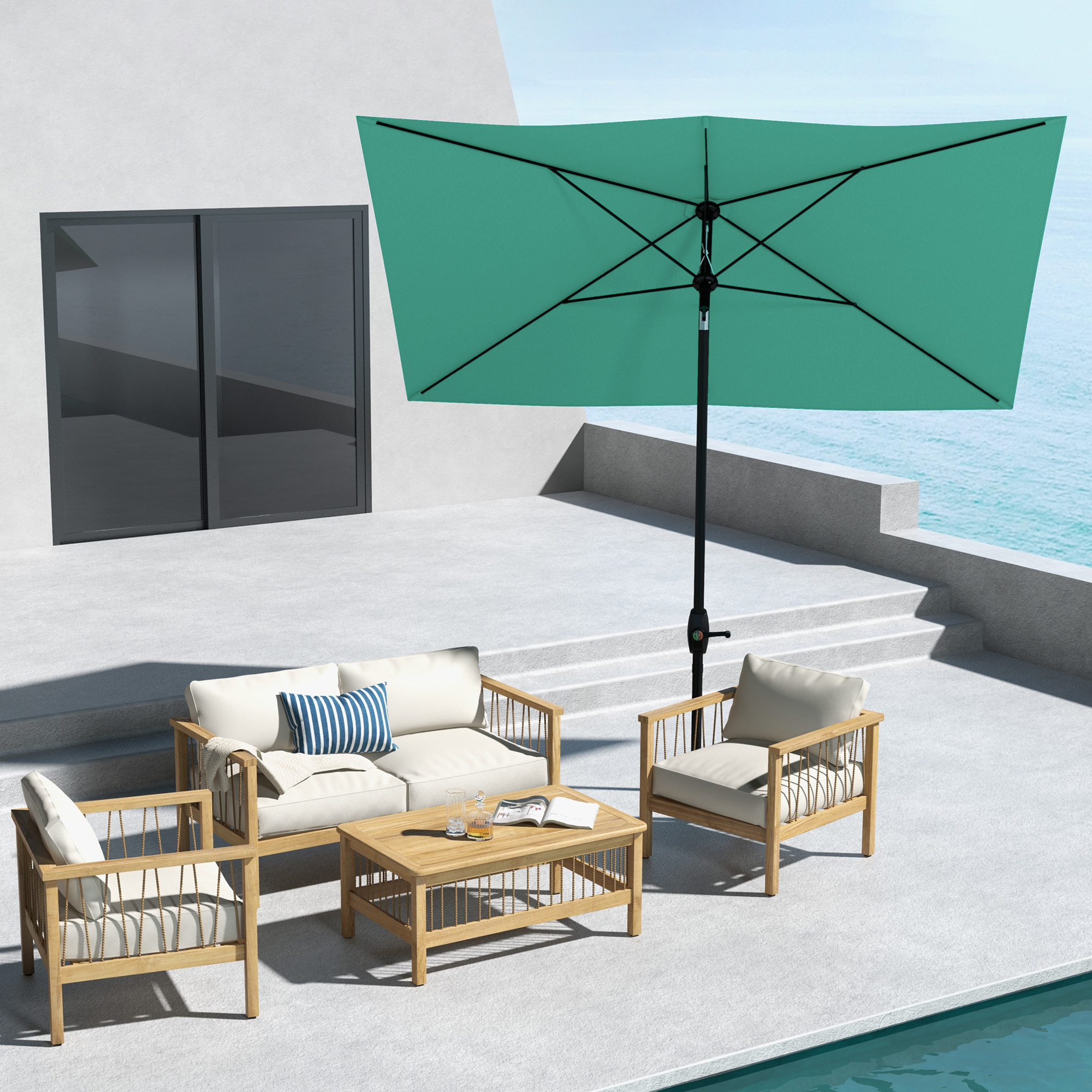 6.5′ x 10′ Rectangular Market Umbrella, Patio Outdoor Table Umbrella with Crank and Push Button Tilt, Teal