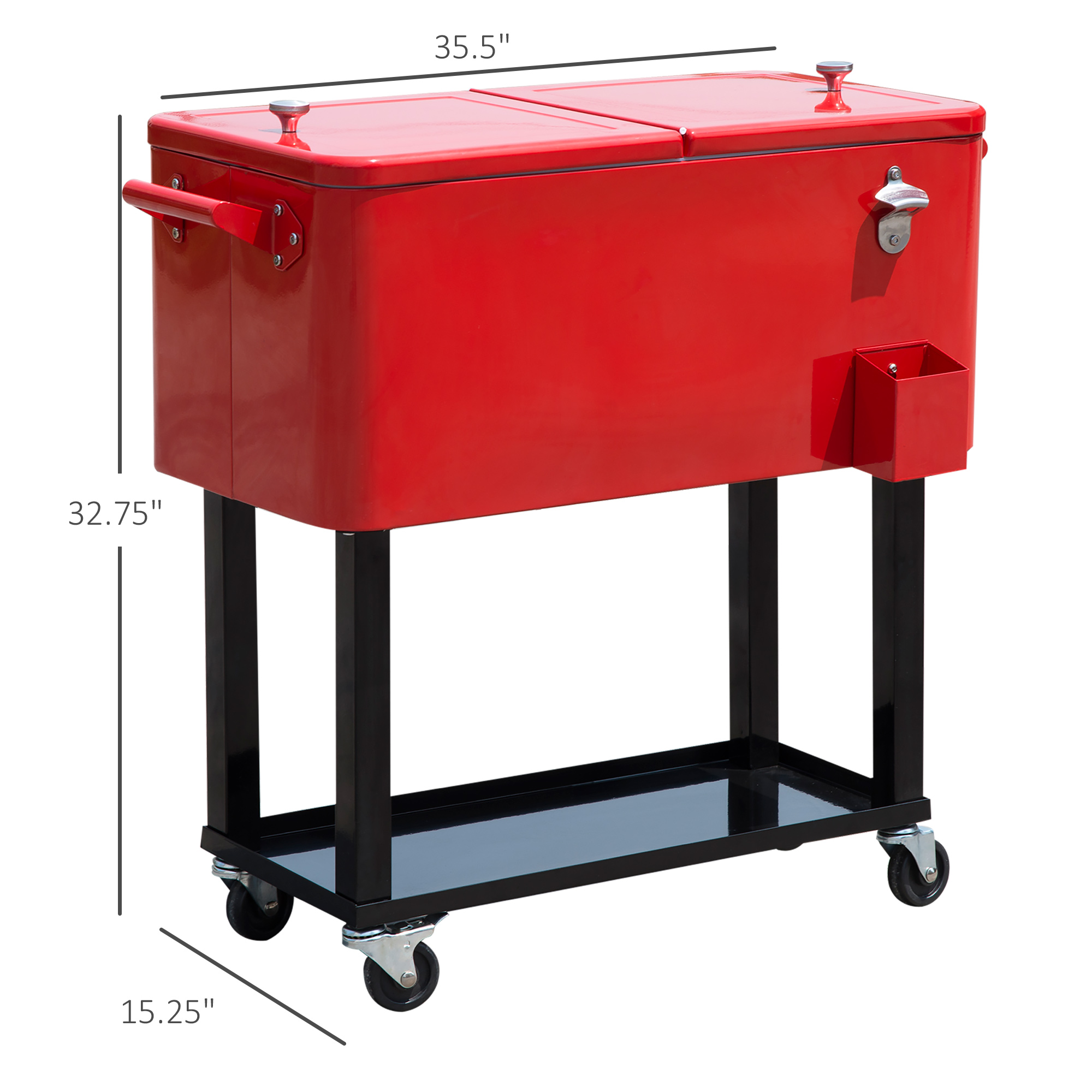  80 QT Rolling Cooling Bins Ice Chest on Wheels Outdoor Stand Up Drink Cooler Cart for Party, Red