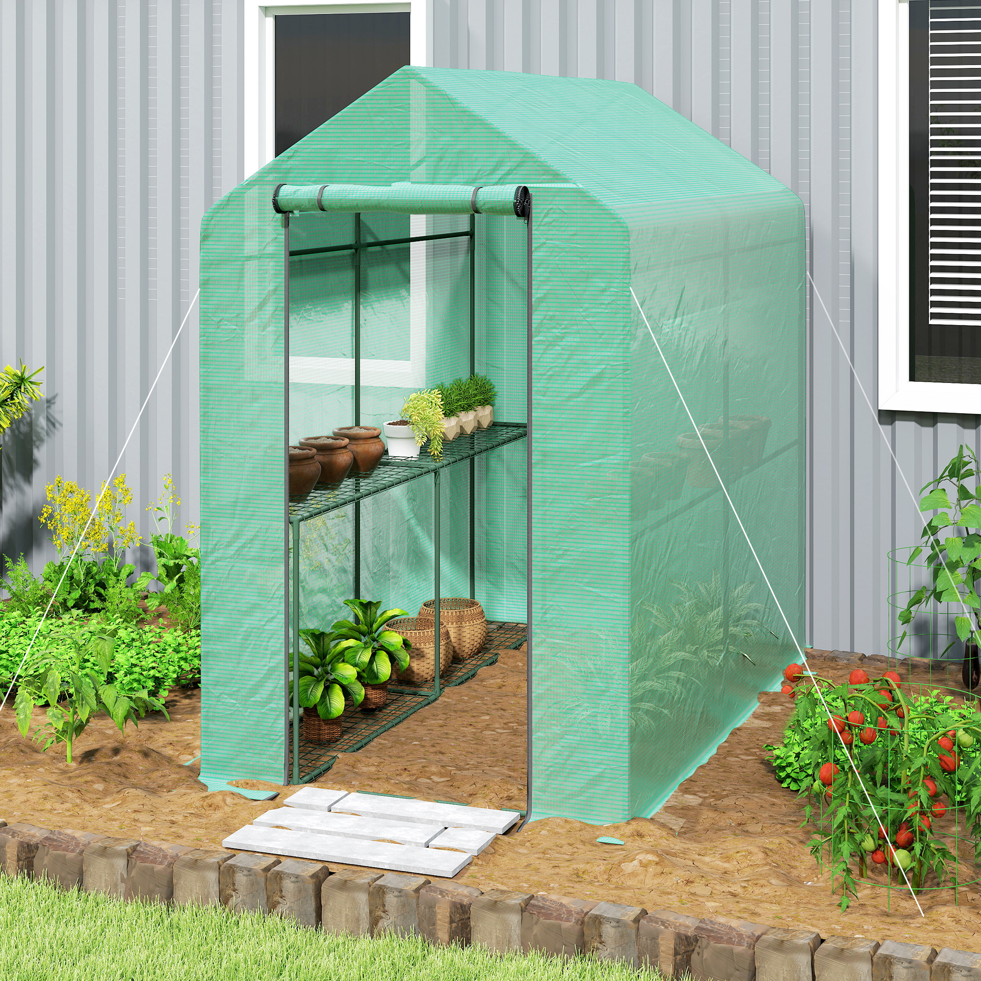 120 X 186cm Walk-In Greenhouse, With Shelves - Green