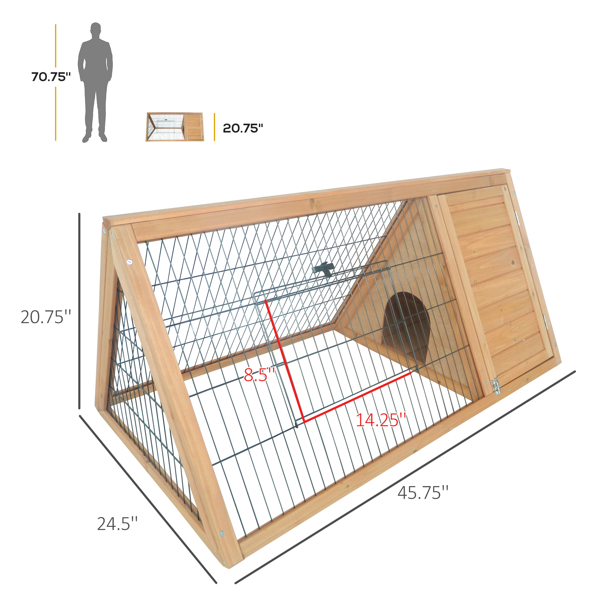  46" x 24" Wooden A-Frame Outdoor Rabbit Hutch, Small Animal Cage, Bunny Hutch with Outside Run & Ventilating Wire, for Rabbits, Chickens, Ducks, Yellow