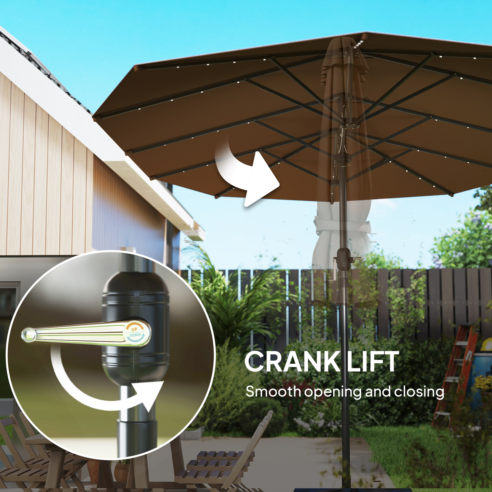Garden Parasol, Double-Sided Sun Umbrella with LED Solar Lights, Patio Parasol for Outdoor, Coffee - 8