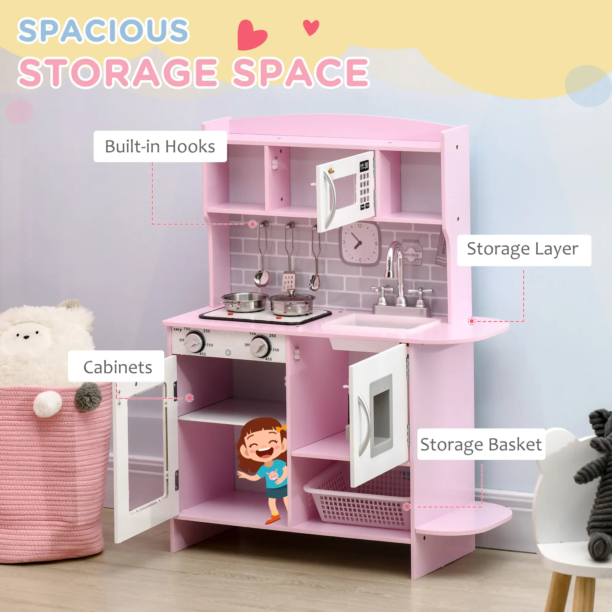 Pretend Play Kitchen with Sound Effects and Stove Lights, Kids Kitchen Playset with Storage, Water Dispenser Preschool & Kindergarten Gift for 3-6 Years Old, Pi