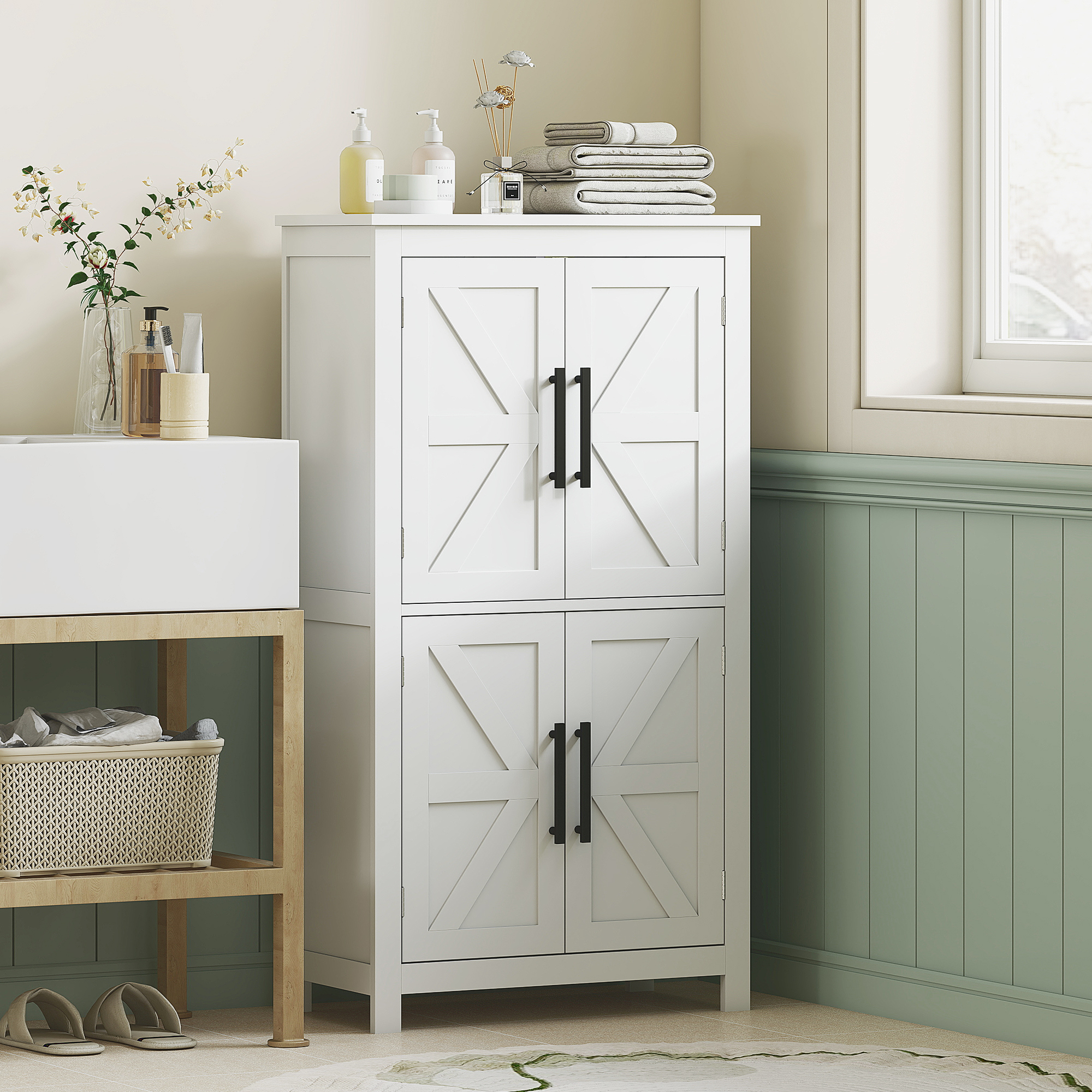  Bathroom Floor Storage Cabinet, Farmhouse Bathroom Cabinet with 4 Doors and Adjustable Shelf, White