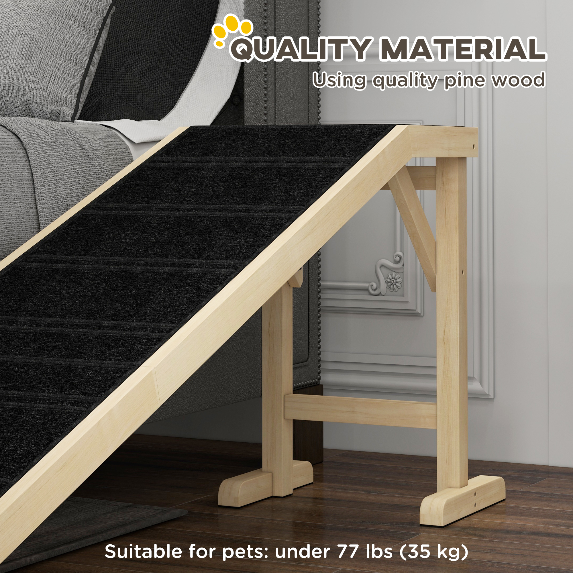  Dog Ramp for Bed, Pet Ramp for Dogs with Non-Slip Carpet and Top Platform, 74" x 16" x 25", Natural