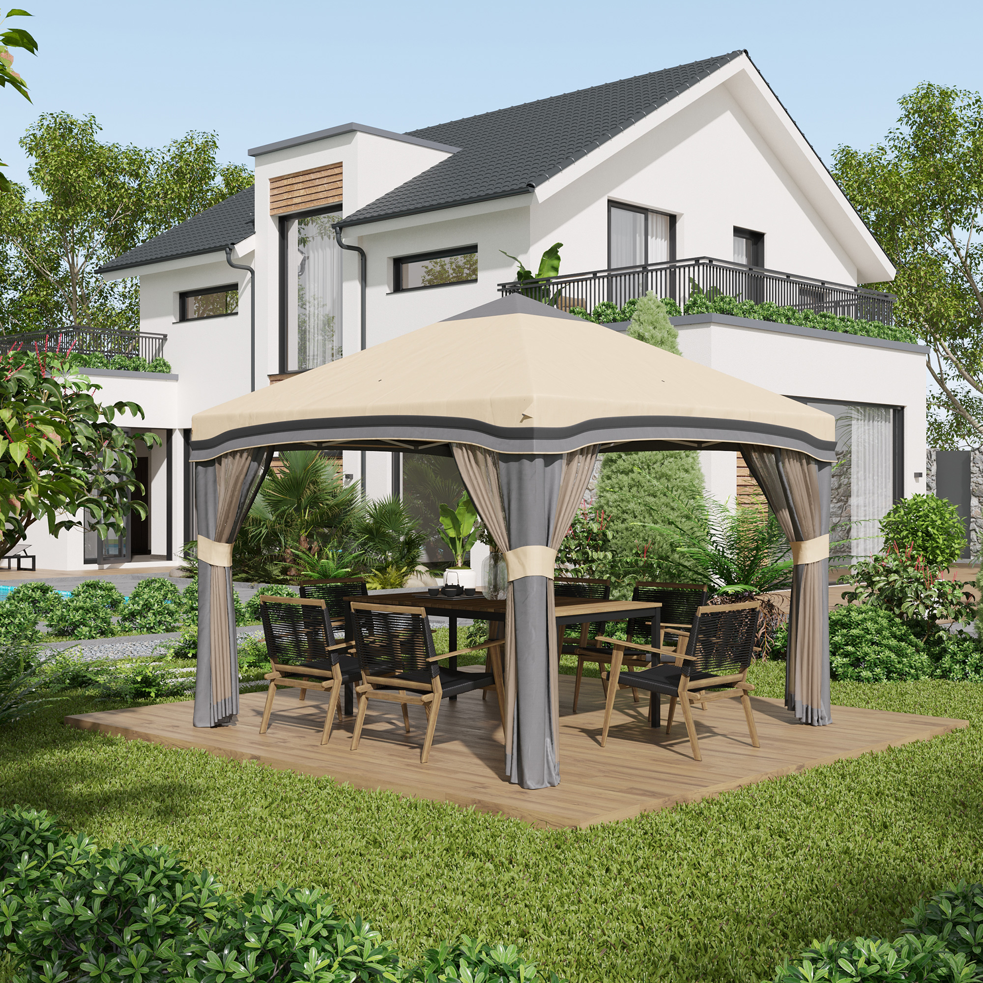 10 x 10 Pop Up Canopy Tent with Netting, Instant Tents for Parties, Height Adjustable, with Wheeled Carry Bag and 4 Sand Bags for Outdoor, Garden, Patio, Beige
