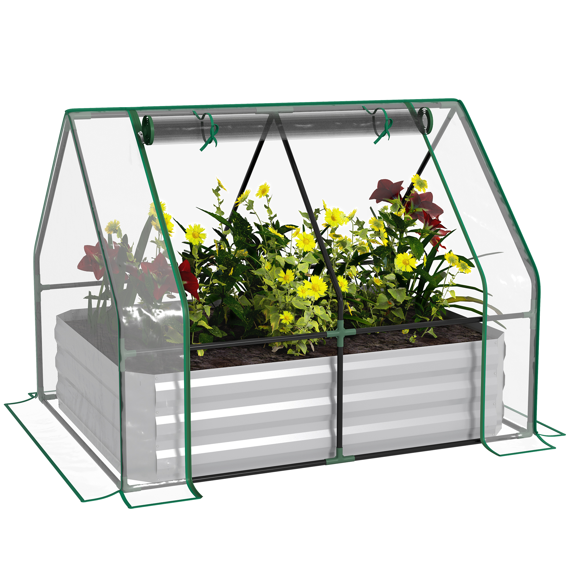 Raised Garden Bed with Cover, Outdoor Galvanized Metal Planter Box Kit, 4 x 3 ft Mini Greenhouse with 2 Large Screen Windows, for Growing Flowers, Vegetables and Herbs, Clear image 16