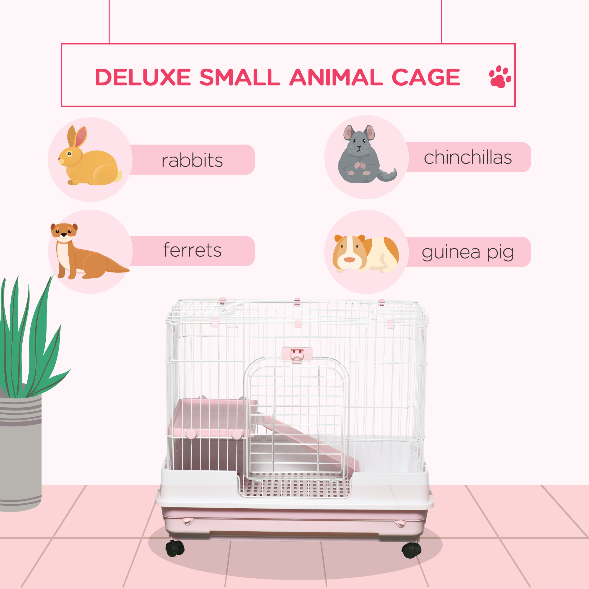  2-Level Small Animal Cage Rabbit Hutch with Wheels, Removable Tray, Platform and Ramp for Bunny, Chinchillas, Ferret, Pink