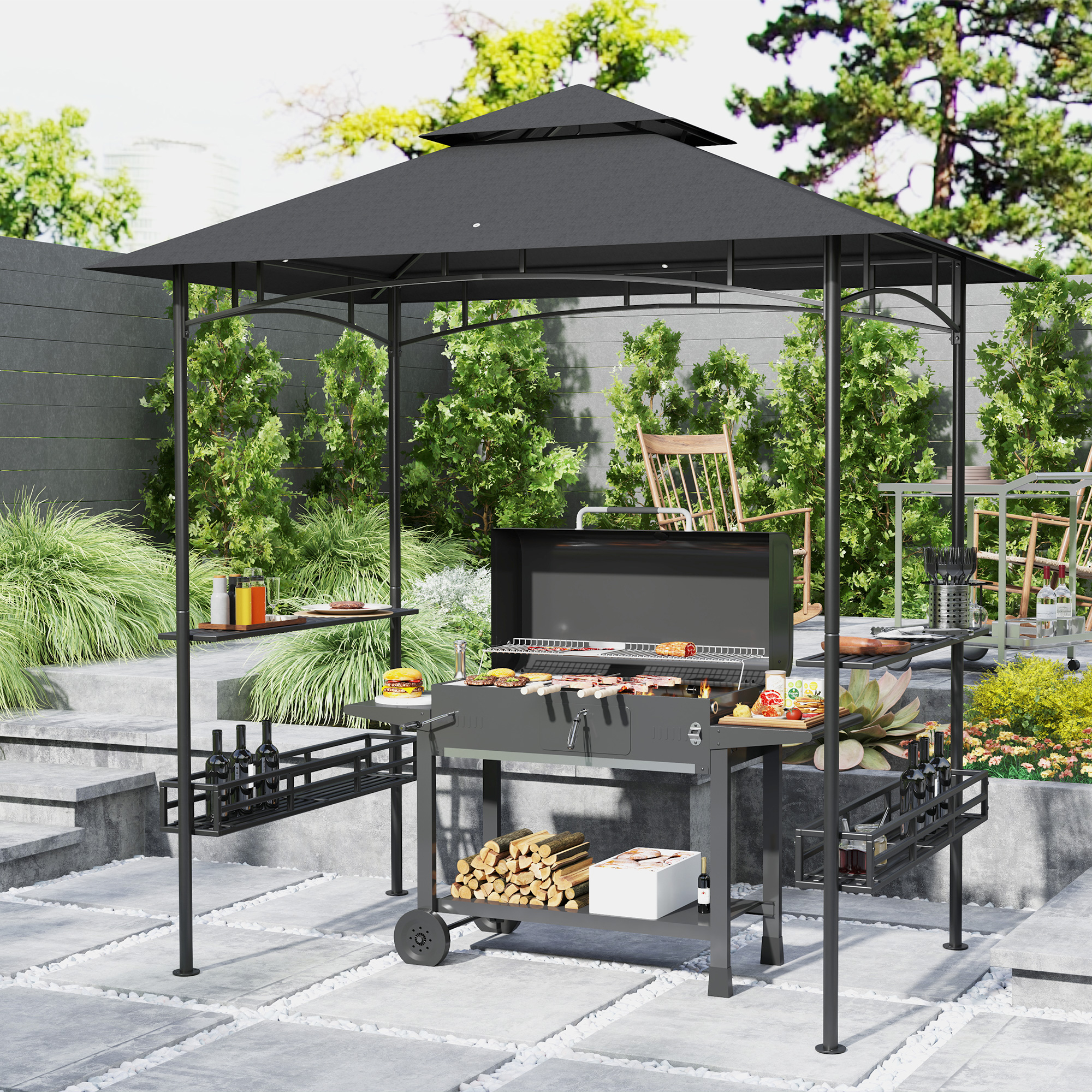 8 x 5 BBQ Grill Gazebo, 2-Tier Outdoor BBQ Gazebo with 2 Side Shelves, Storage Baskets, Ceiling Hook, Dark Gray