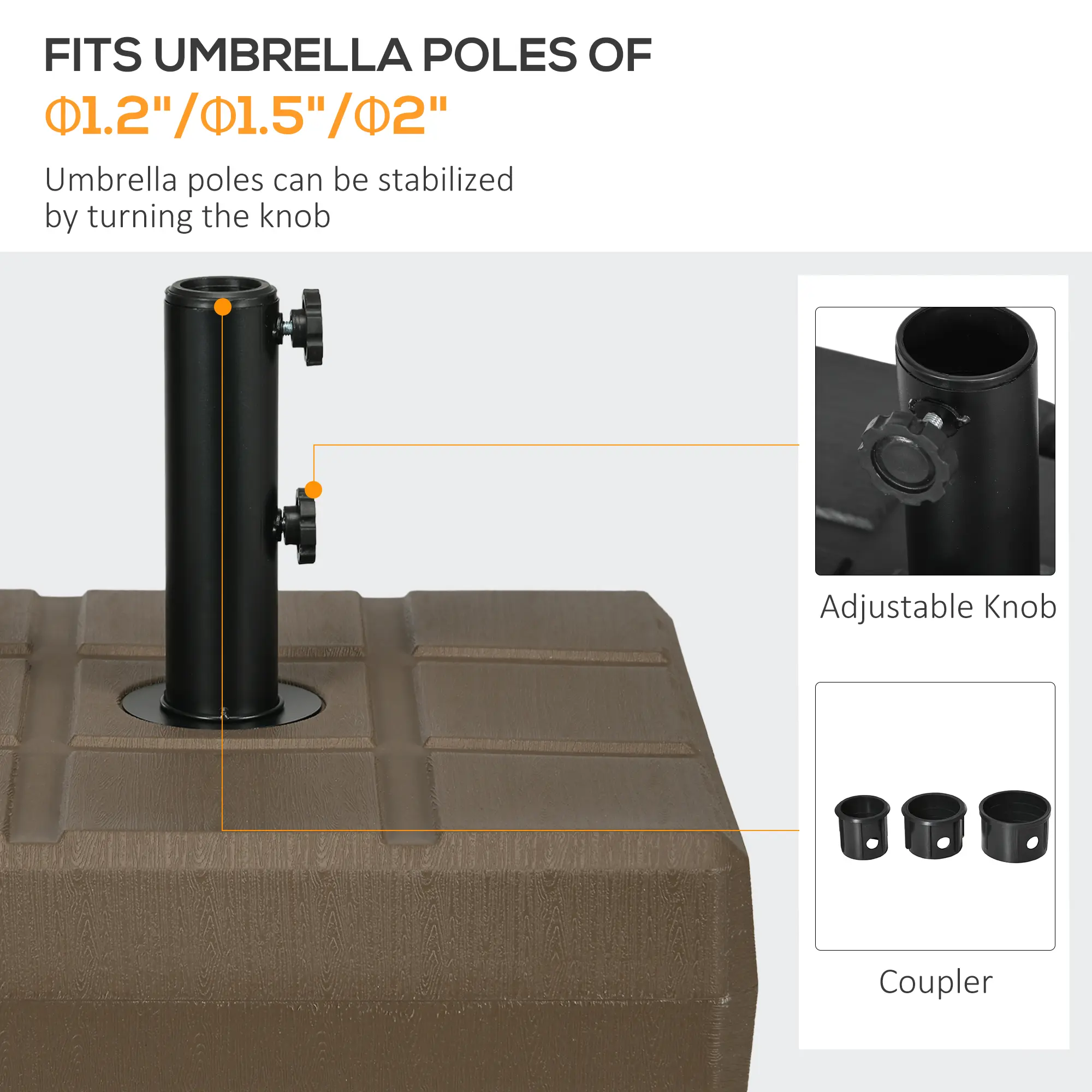 Umbrella Stand for 1.5", or 1.9" Umbrella Poles, Fillable Umbrella Base, Brown