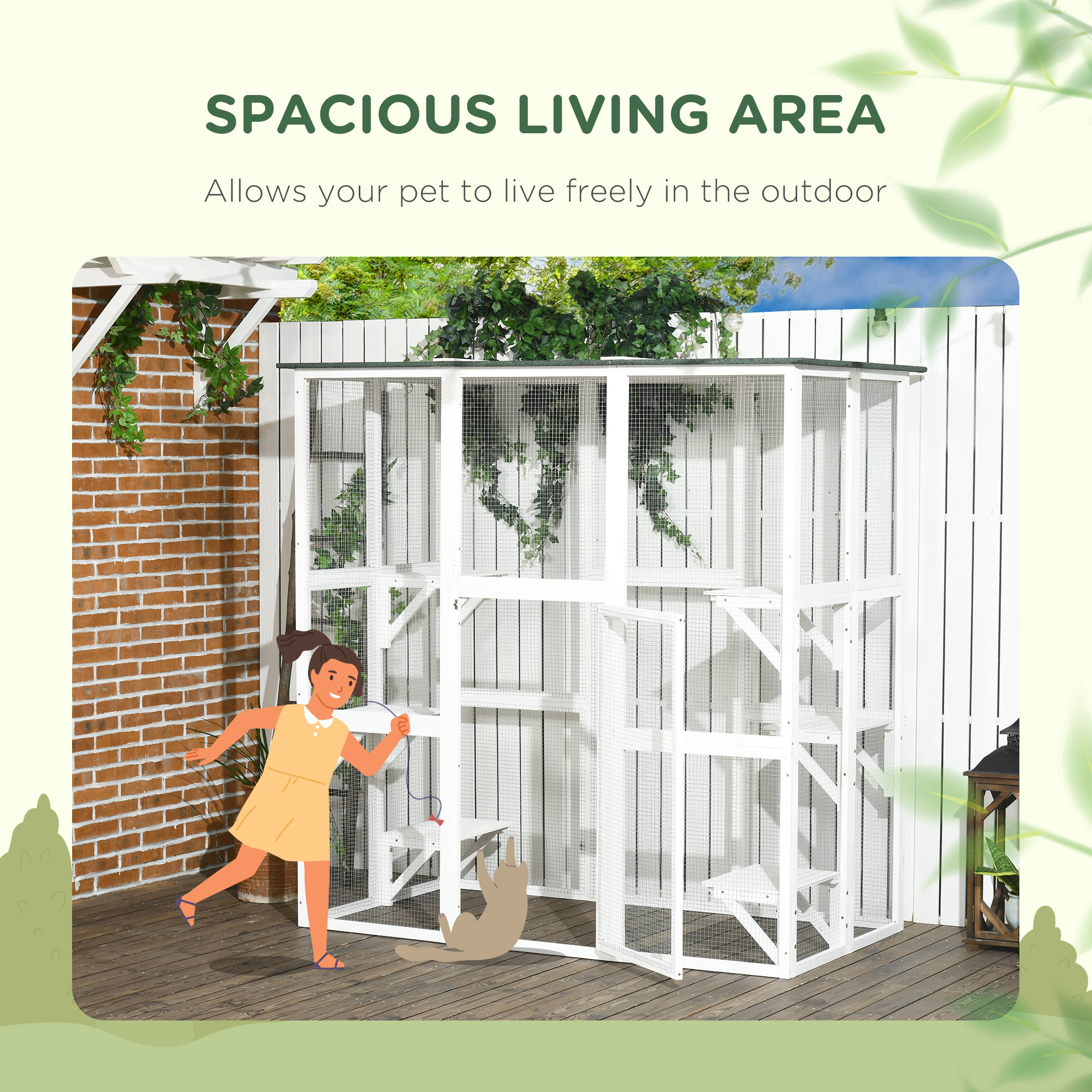  Outdoor Cat House Big Catio Wooden Feral Cat Shelter Enclosure with Large Spacious Interior, 6 High Ledges, Weather Protection Asphalt Roof, 71" L, White