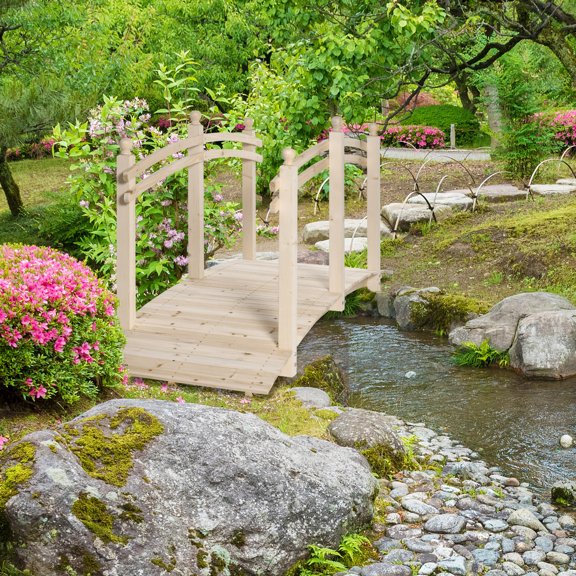 Wooden Arch Garden Bridge, Safety Rails for Backyard Ponds, Creeks, Streams, 7.5 , Natural