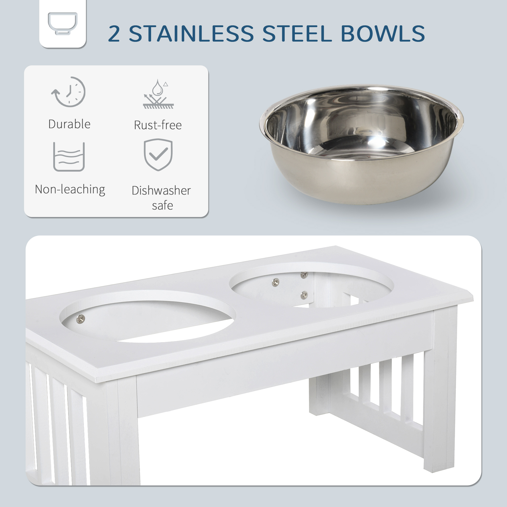  6" Height Small Puppy Dog Feeding Station for Messy Pets, Stainless Steel Elevated Dog Bowls with Modern Wooden Frame, Dog Food Stand Pet Feeding Station, White
