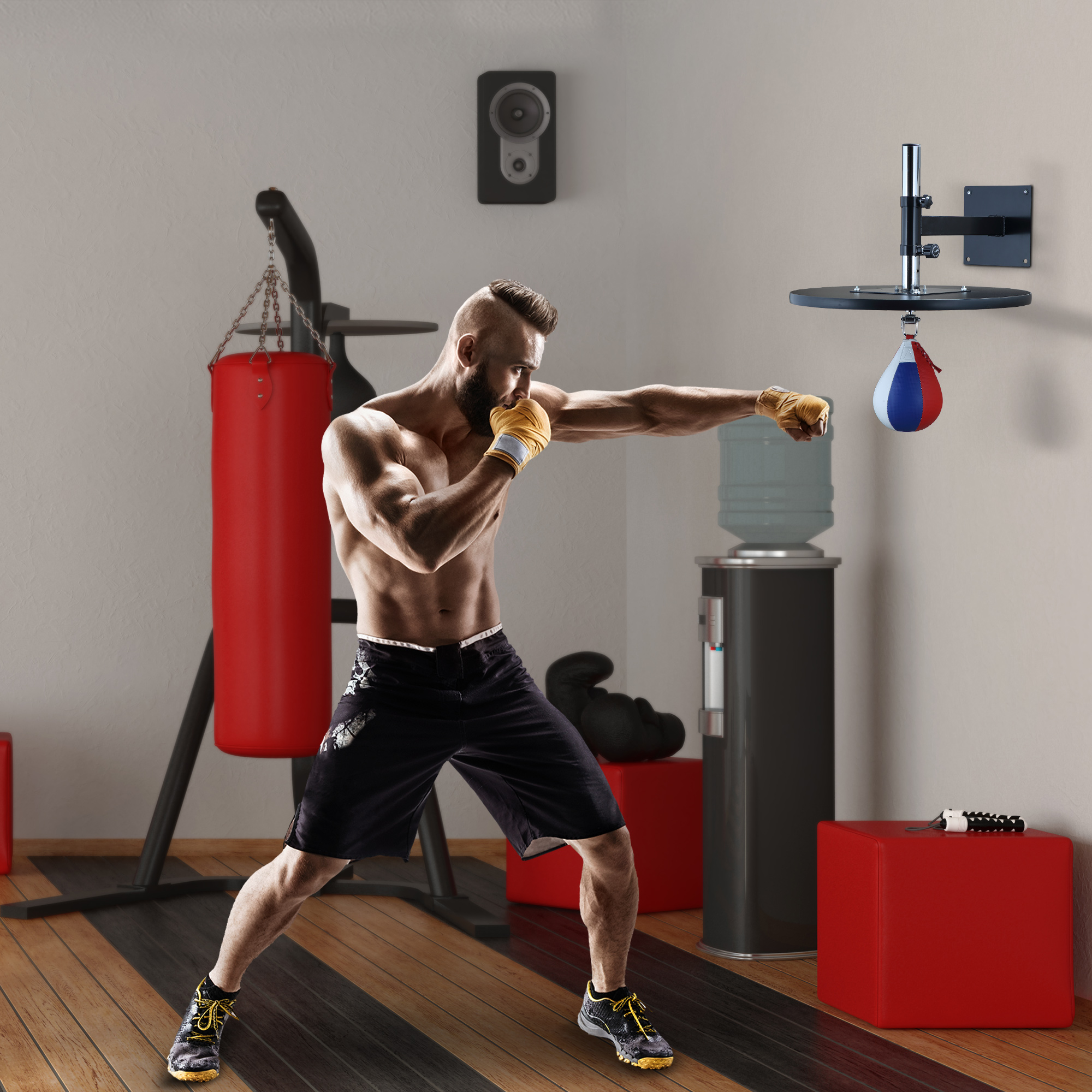 Speed Bag Boxing Punching Bag Wall Mount Height Adjustable, MMA, Martial Arts, and Boxing Equipment for Training at Home, Heavy-Duty Steel Platform, Strong PVC Leather, 9" H x 7" Dia. - Image 1
