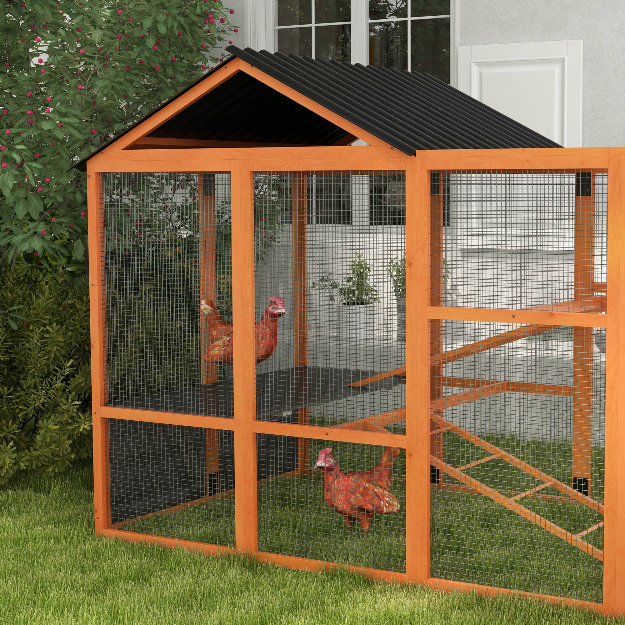  Wooden Chicken Coop Run for 6 - 10 Chickens, Hen House Add-On with Storage, Perches, 141.75" x 48" x 61", Orange