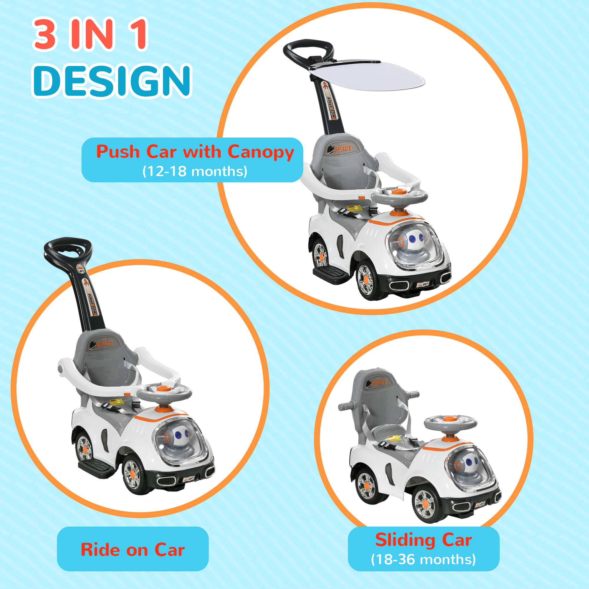 3 In 1 Ride On Push Car, Cartoon Robot Theme Foot To Floor Slider W Handle — image 4