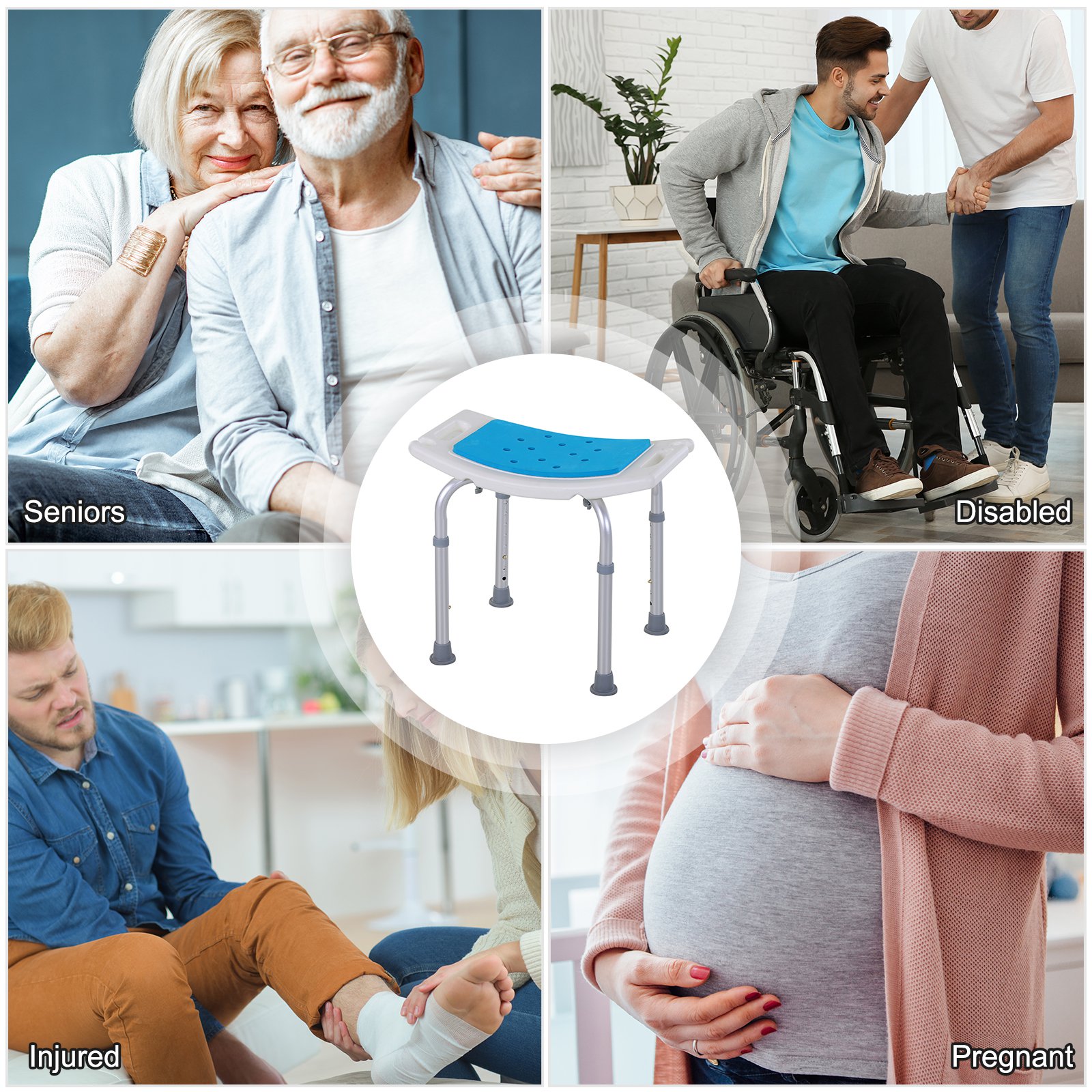 Adjustable Aluminum Bath Stool Spa Shower Chair Non-Slip w/ Shower Hole