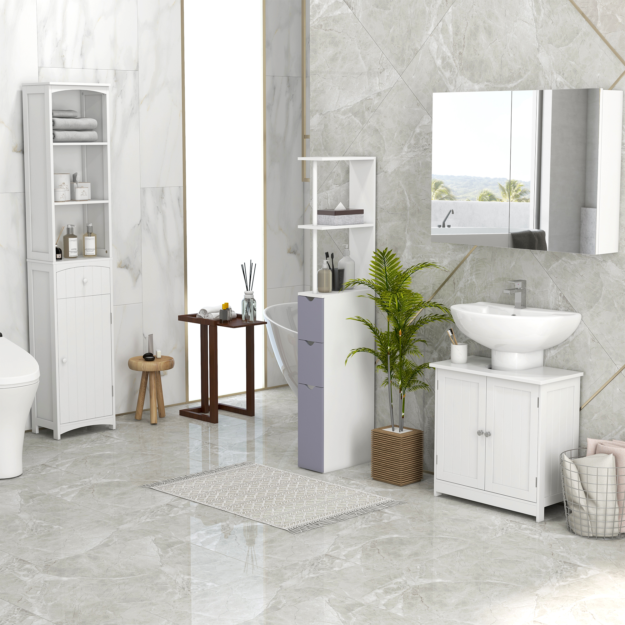  Under Sink Bathroom Cabinet, Pedestal Sink Storage Cabinet with 2 Doors, Shelf and U-Shape, White image 7