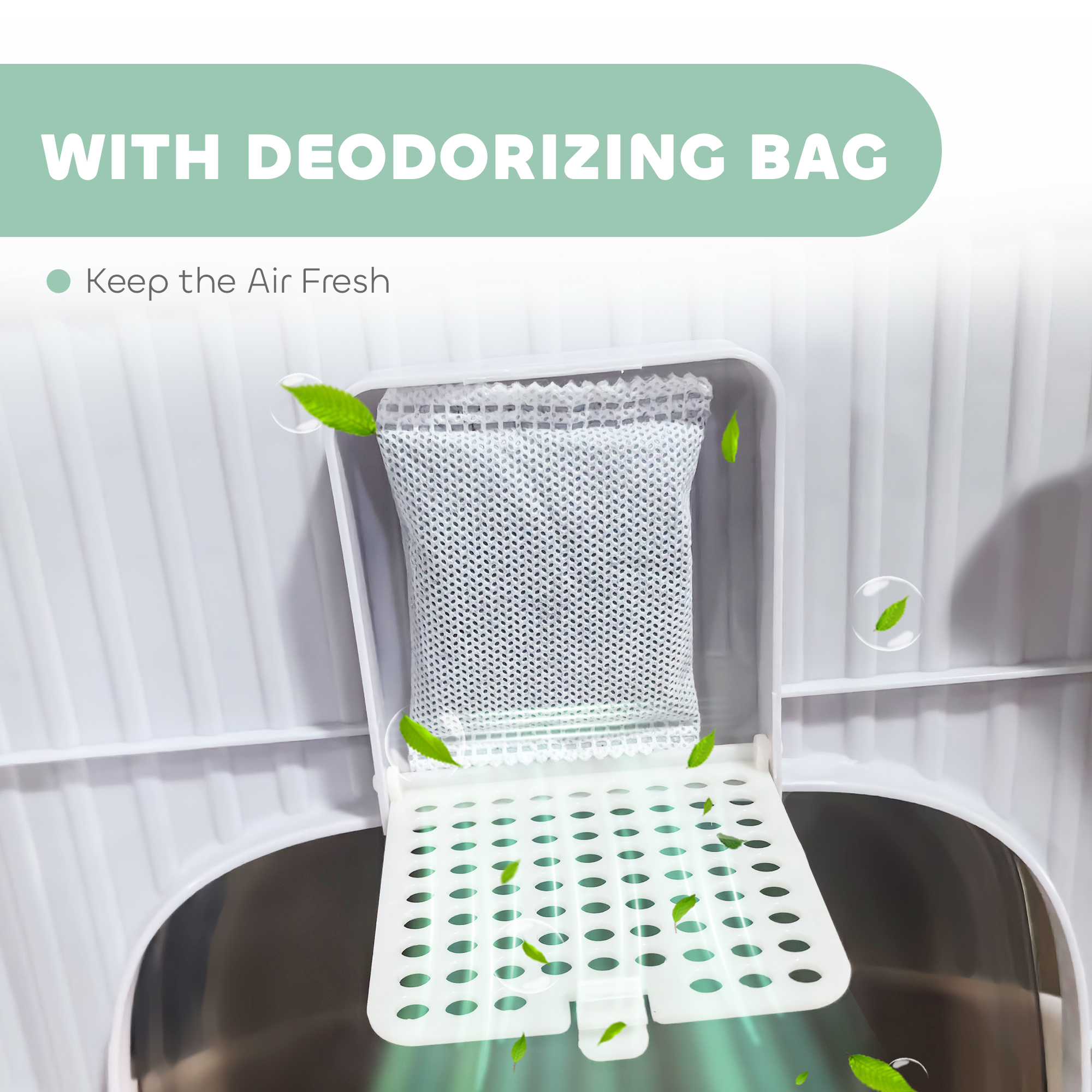  Covered Cat Litter Box with Lid, Drawer, Scoop, Top Entry, Deodorizing Bags, Odor Control, Easy to Clean, Gray