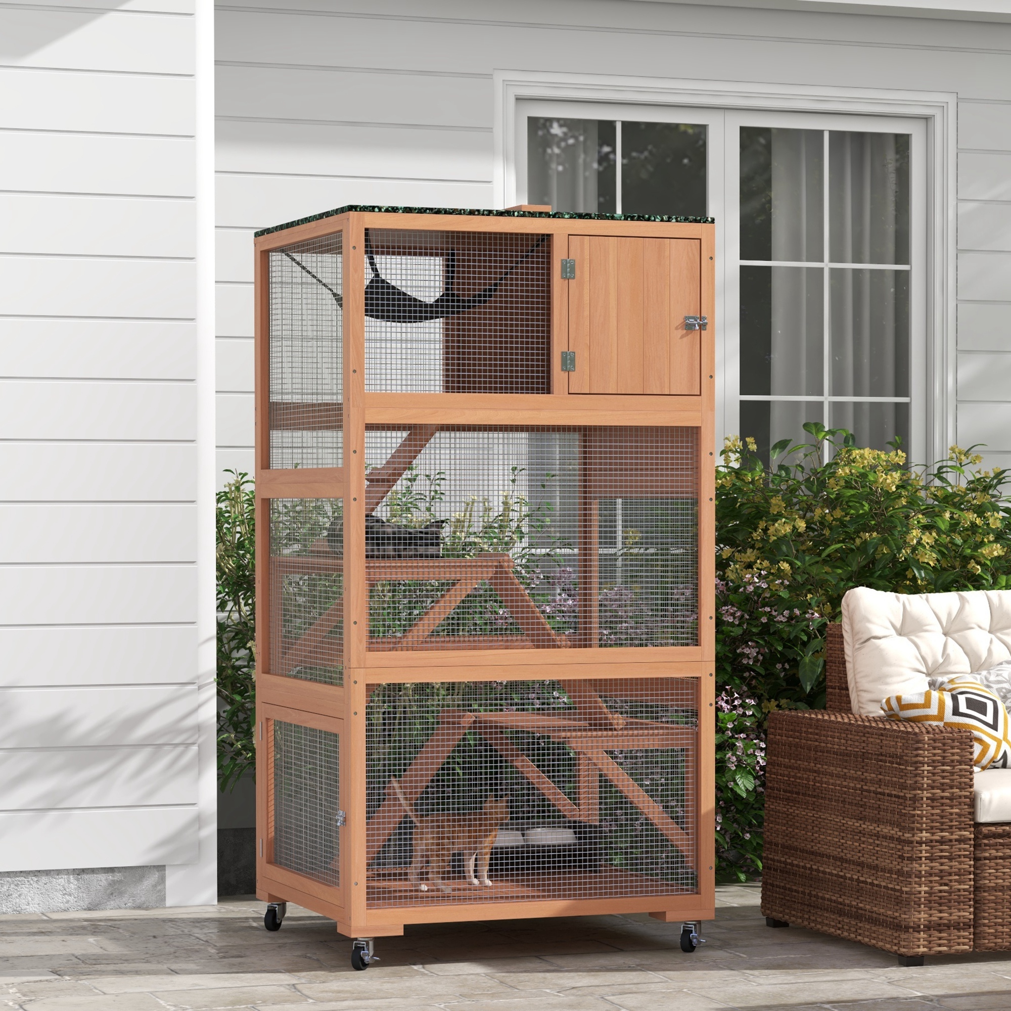 บ้านแมวกลางแจ้งเคลื่อนที่มีแฮมม็อค สีส้ม - กรงแมว Catio สุดน่ารัก สำหรับแมวของคุณ ปลอดภัยและสะดวกสบาย!