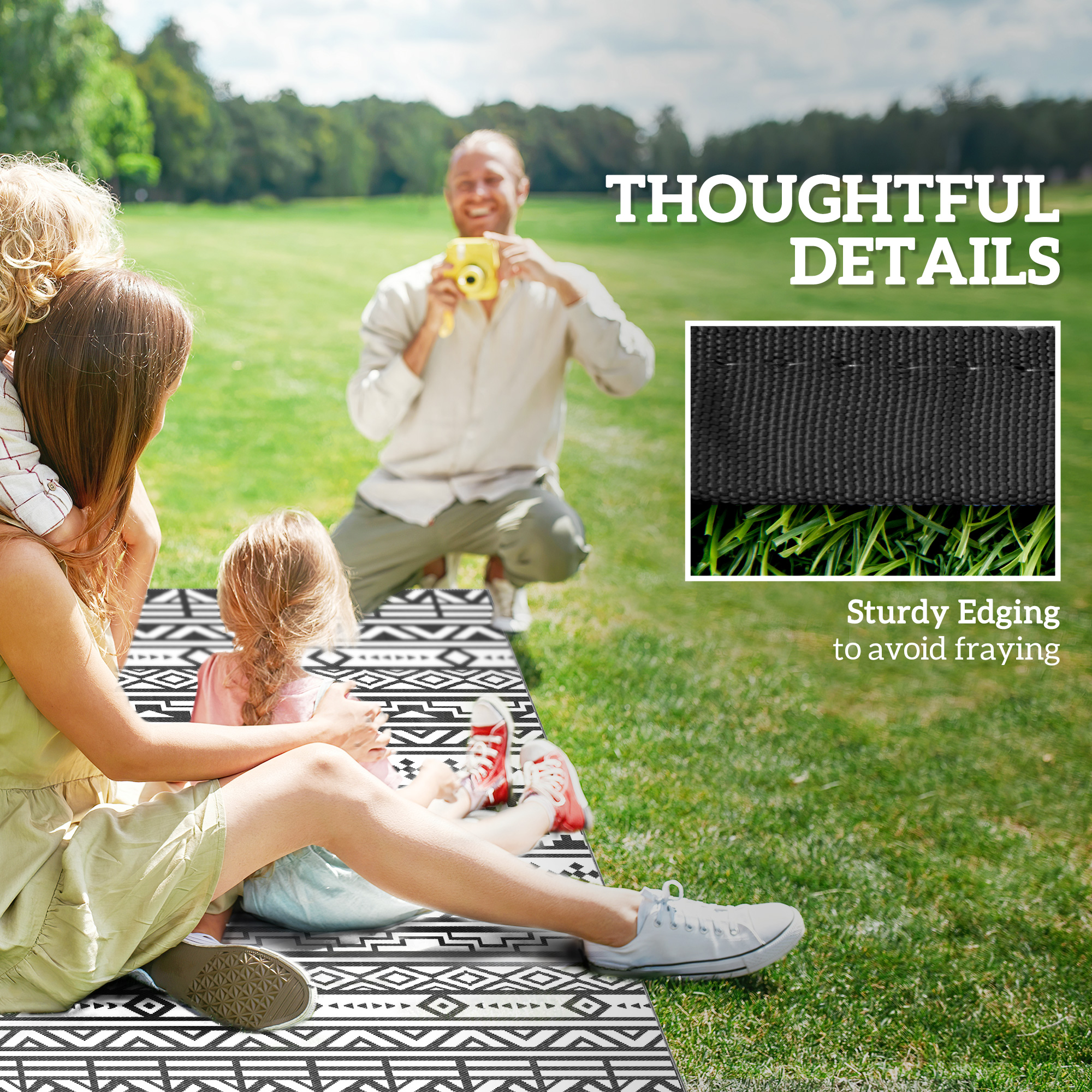 Reversible Outdoor Rug, Waterproof Plastic Straw with Carry Bag, 6' x 9', Black & White Geometric Wall image 7