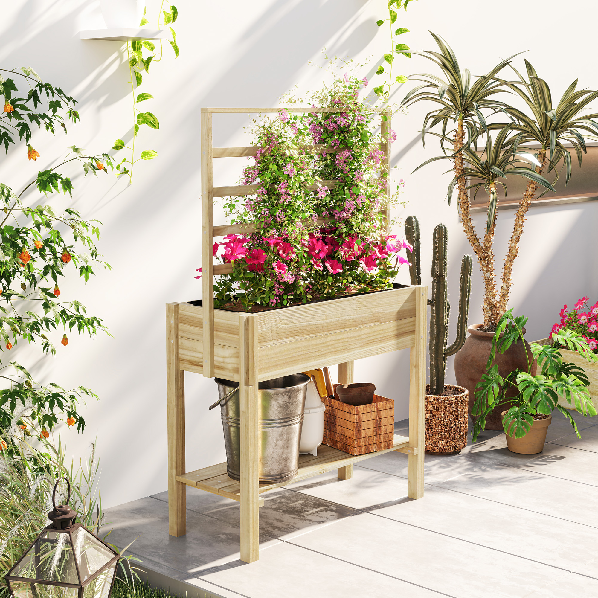 Wooden Raised Garden Bed with Trellis