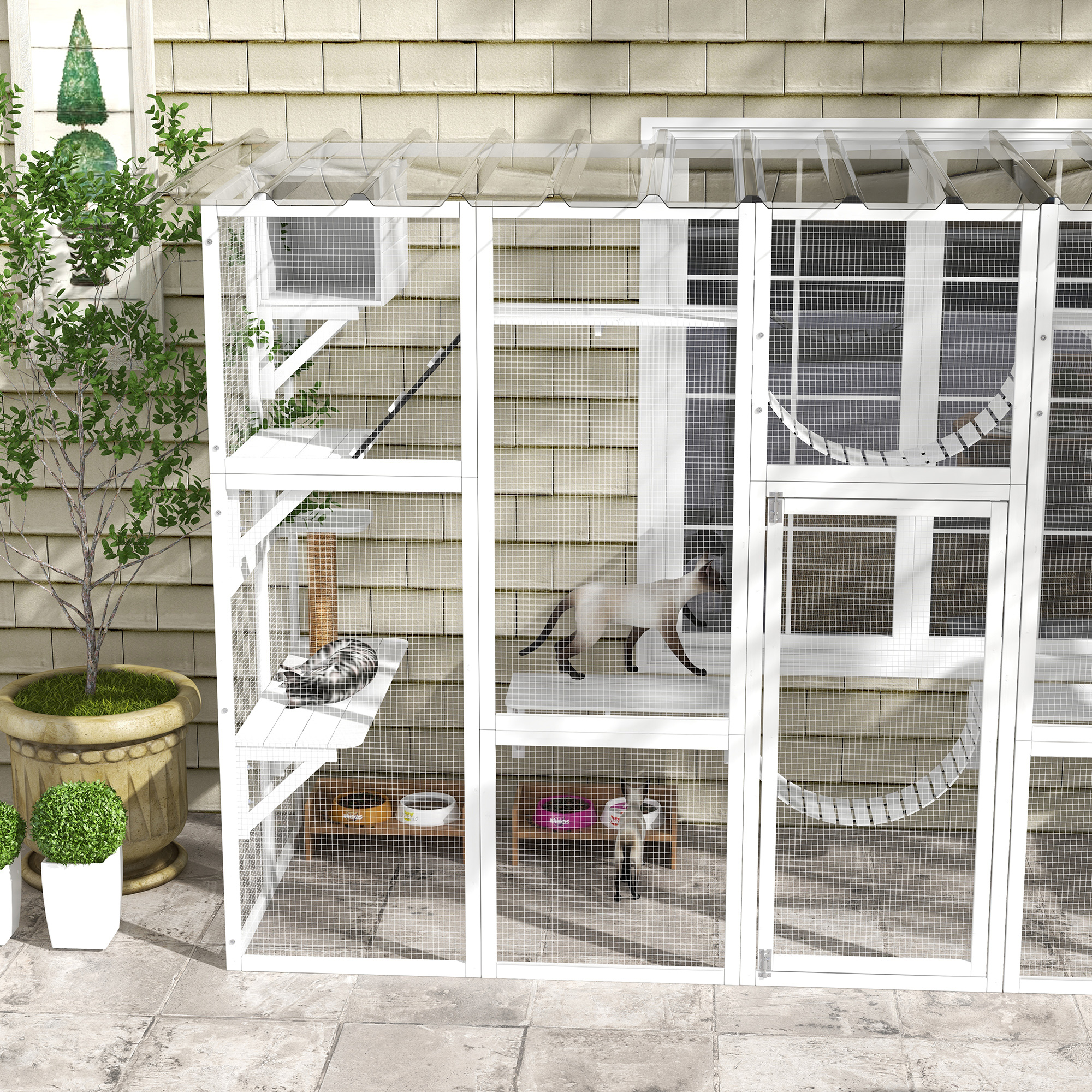  Cat Window Box , Large Catio with Shelves & Bridges, Outside Enclosure for Multiple Cats, White