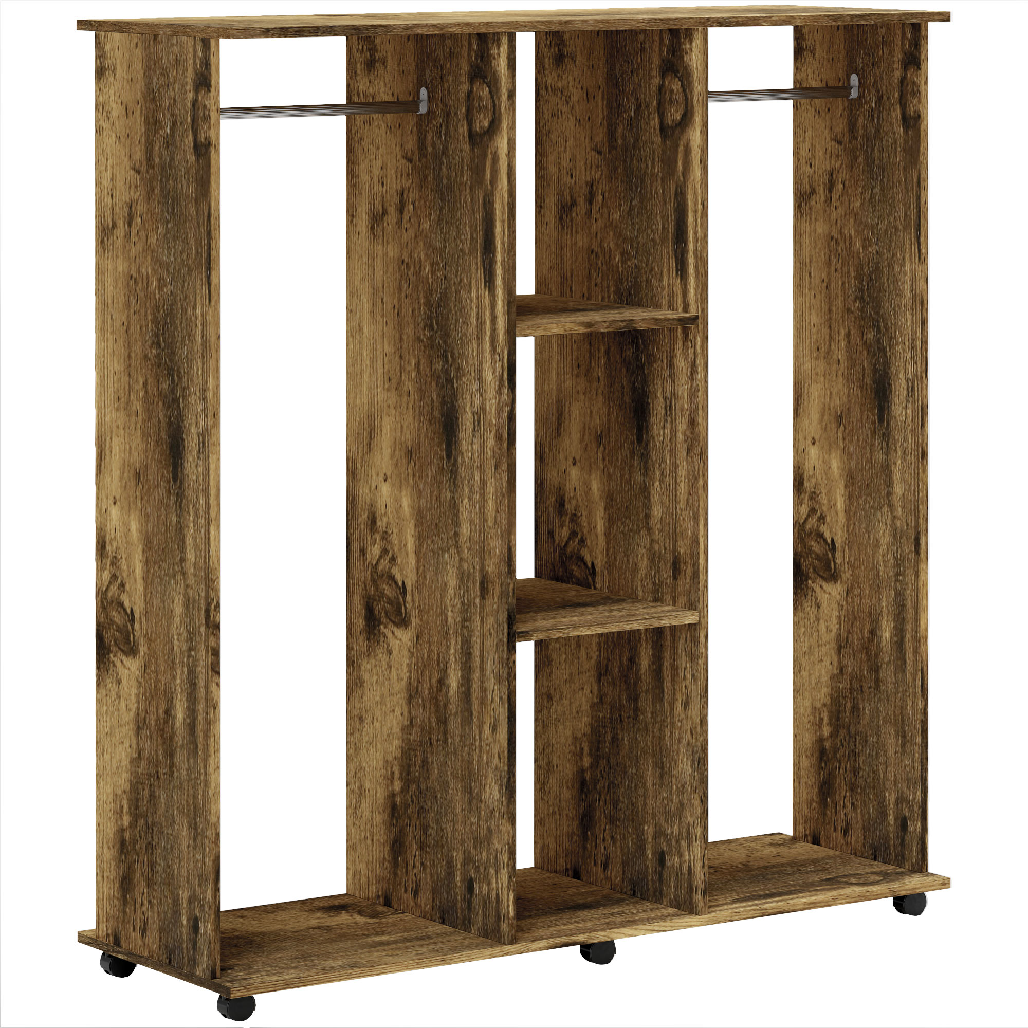 Rustic brown two-rail open wardrobe on castors with three central shelves