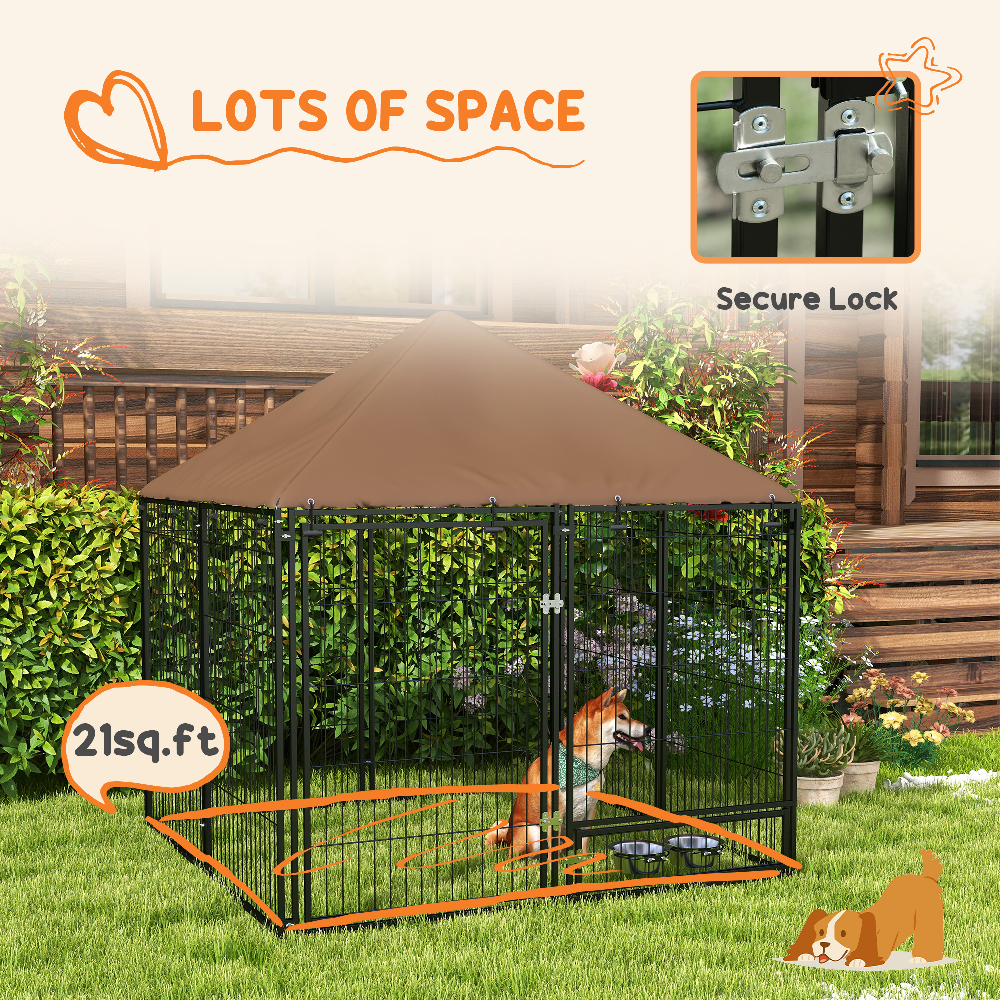  Outside Dog Kennel, 4.6' x 4.6' x 5' Puppy Play Pen with Canopy, Garden Playpen Fence Crate Enclosure Cage Rotating Bowl, for Dogs, Chickens, Ducks, Black