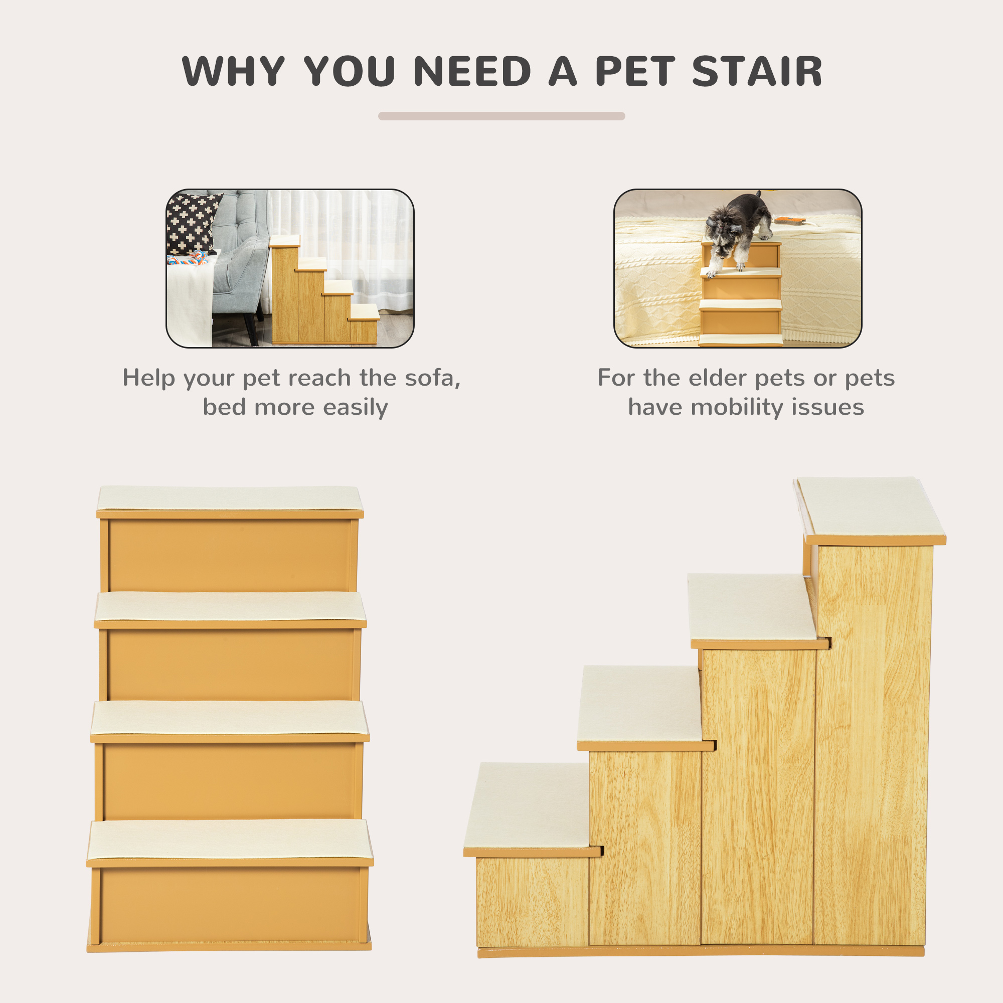  Pet Stairs, Small Pet Steps with Cushioned Removable Covering for Dogs and Cats Up To 22 lbs, Natural