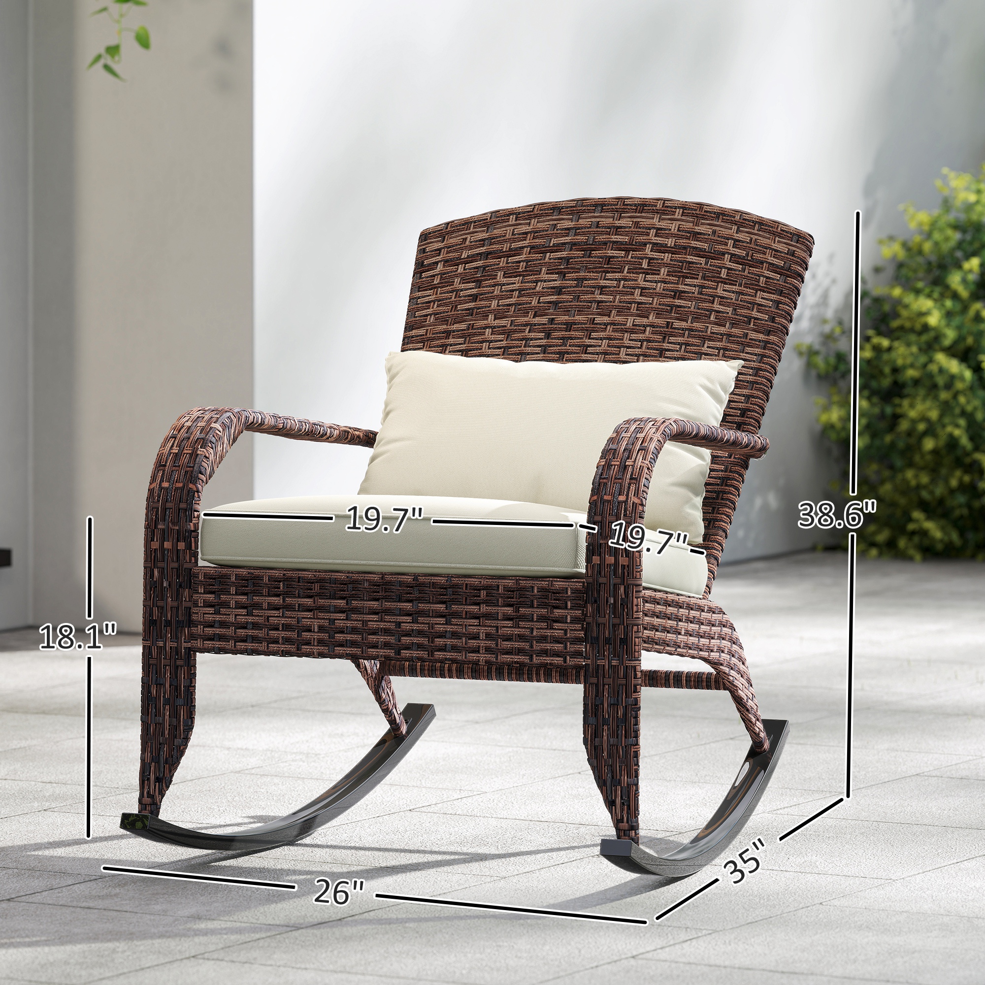  Adirondack Chair, Outdoor Wicker Rocking Chair with High Back, Seat Cushion, and Pillow for Porch, Balcony, Cream White