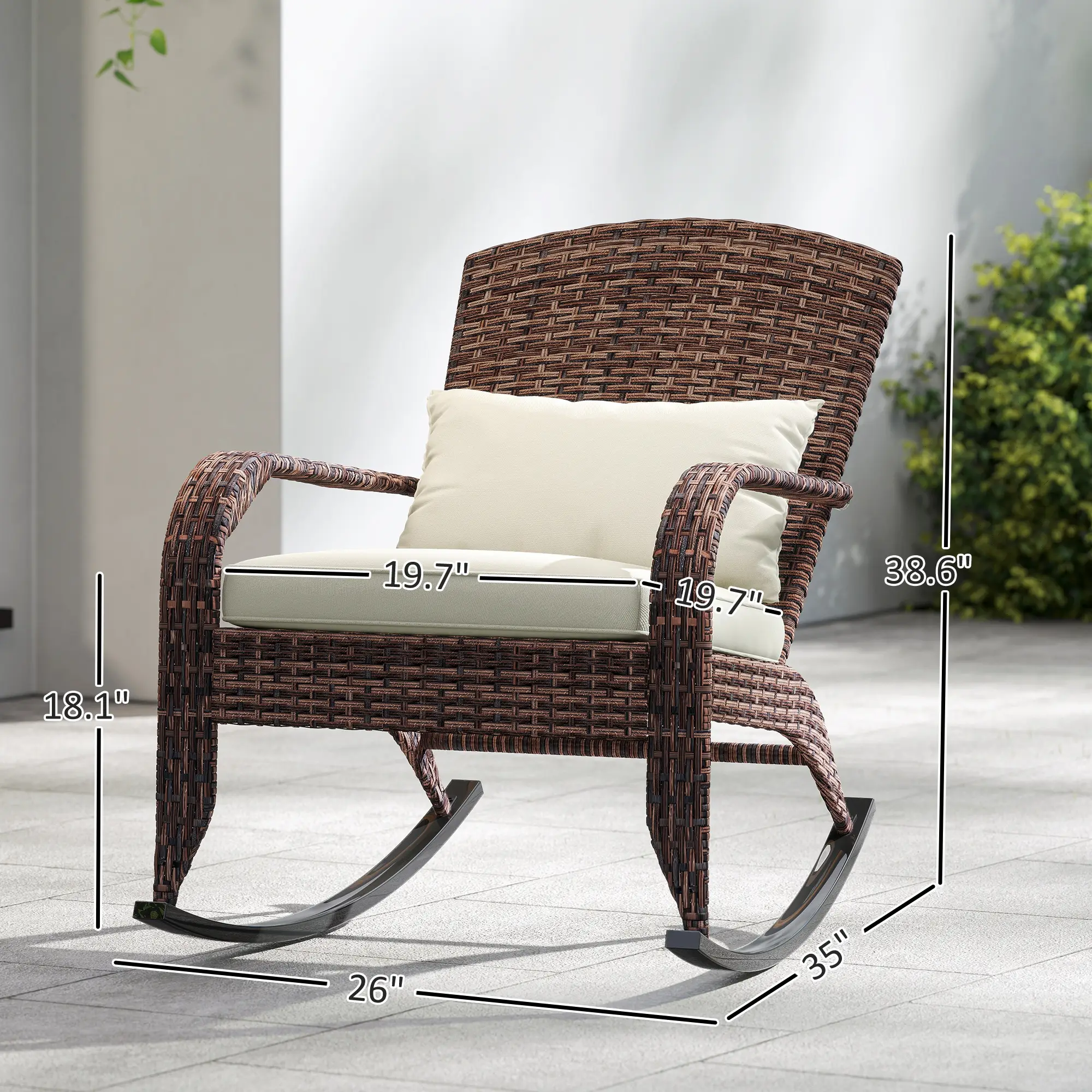 Adirondack Chair, Outdoor Wicker Rocking Chair with High Back, Seat Cushion, and Pillow for Porch, Balcony, Cream White