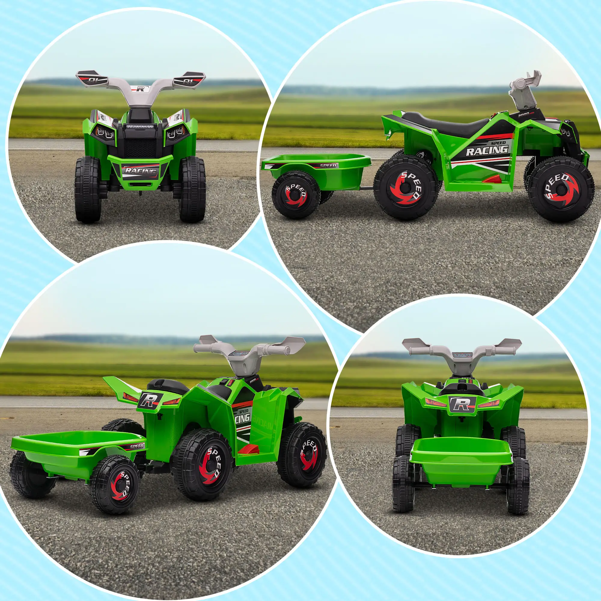 6V Electric Toy Car with Back Trailer, Forward Backward, Wear-Resistant Wheels for Ages 18-36 Months, Green