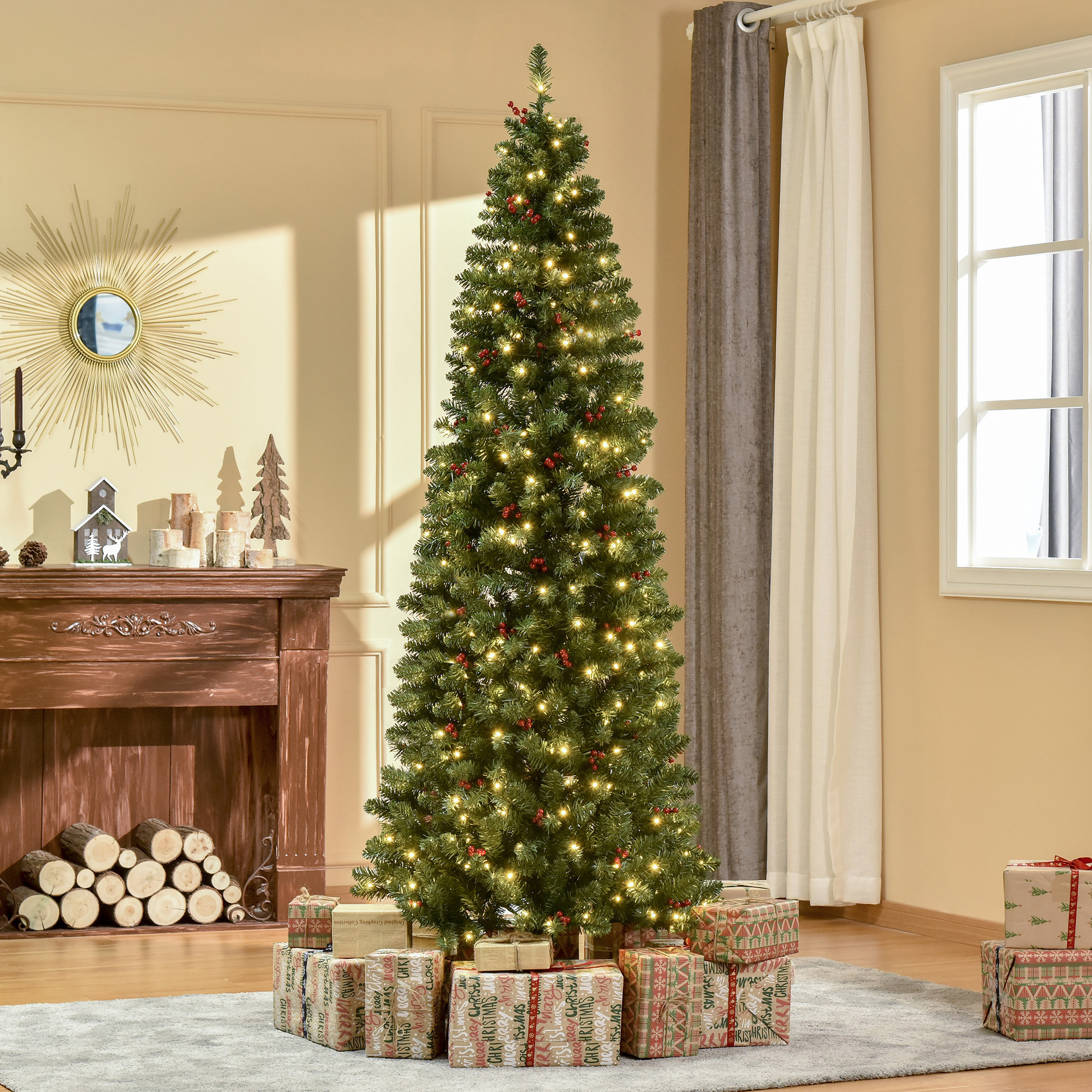 7FT Prelit Artificial Pencil Christmas Tree With Warm White LED Light, Red — image 4