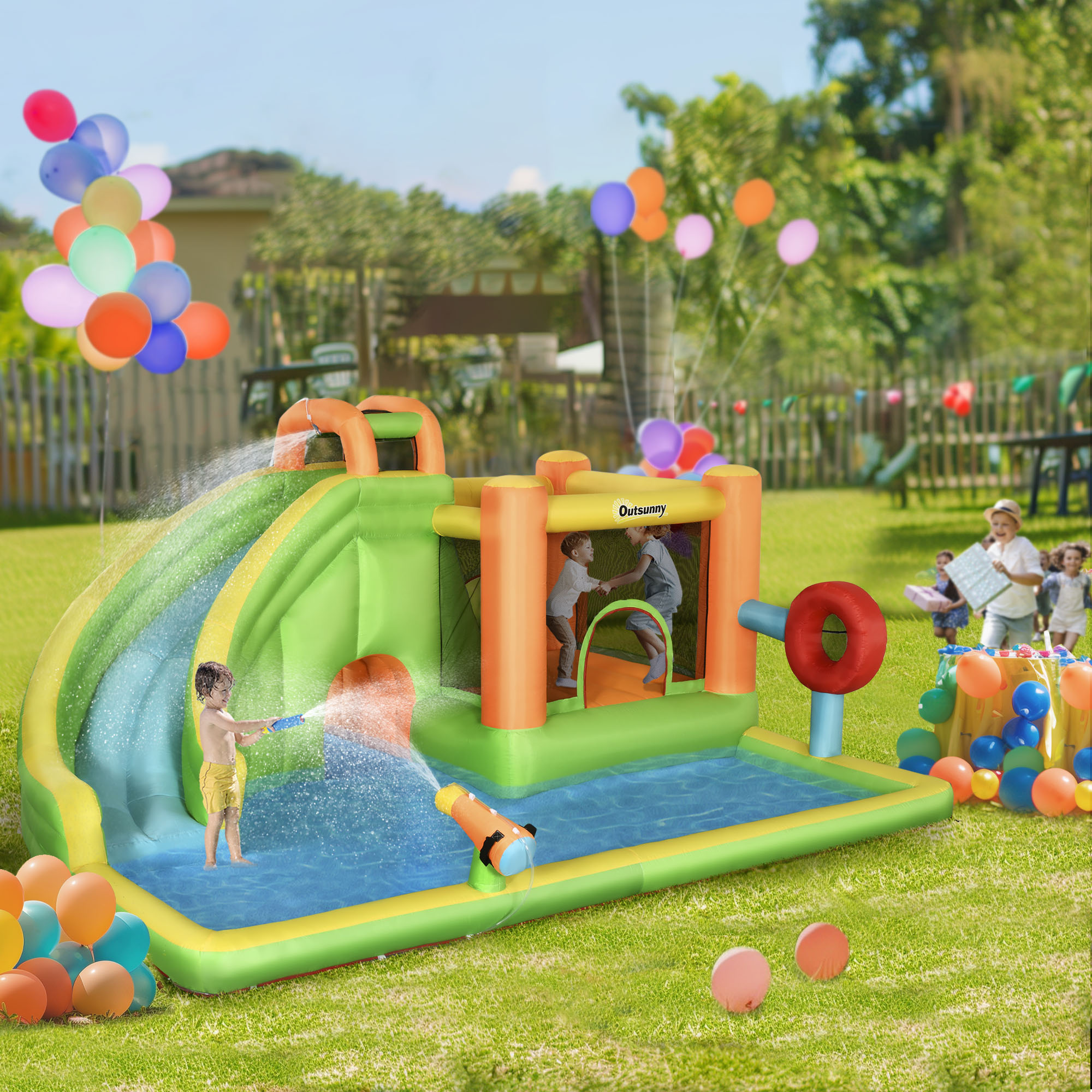 7-in-1 Inflatable Water Slide, Kids Castle Bounce House Includes Slide, trampoline, Pool, Water Cannon, Ball-target, Boxing Post, Tunnel with Carry Bag, Repair Patches, 750W Air Blower