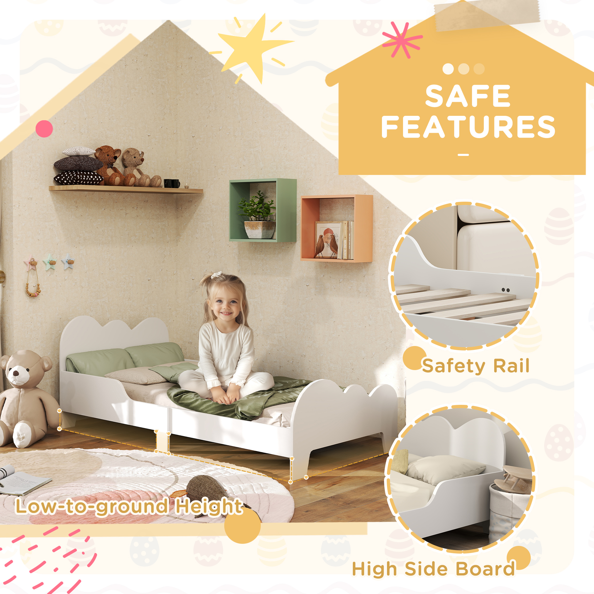 Cloud-Themed Toddler Bed Frame With Safety Rails, 143.5 X 74.5 X 56cm — image 4